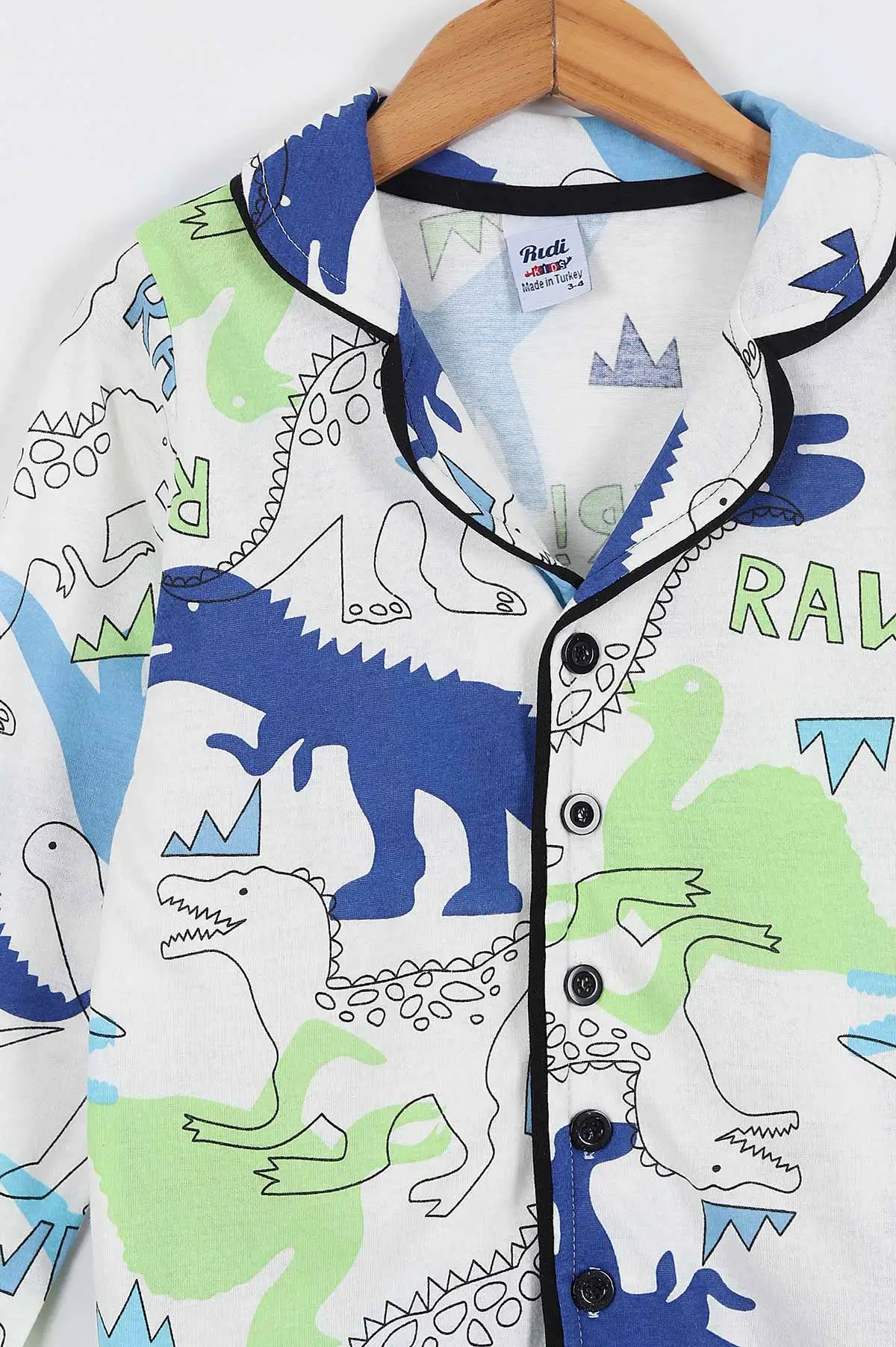 Beyaz (3-8 Yaş)Rawr Baskılı Ön Düğmeli Erkek Çocuk Pijama Takım 337873