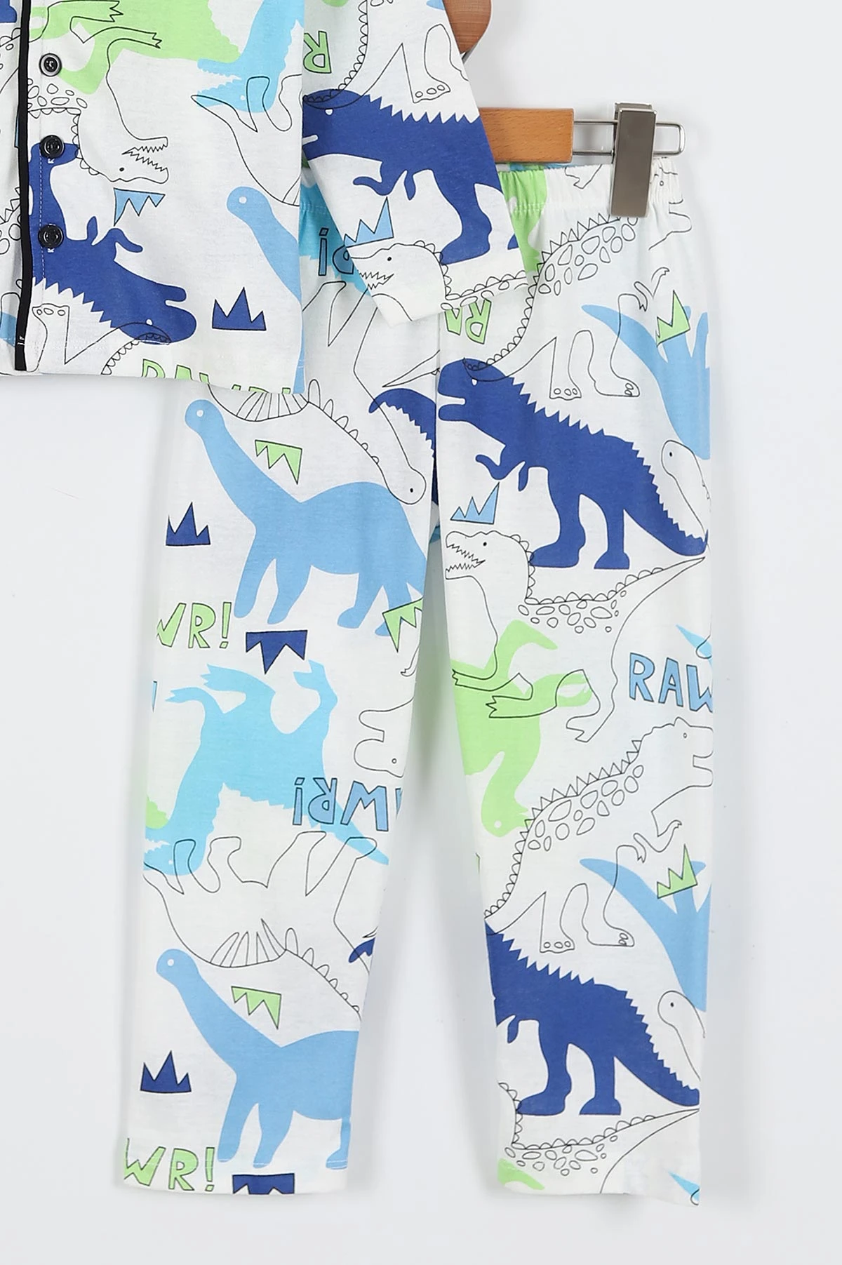 Beyaz (3-8 Yaş)Rawr Baskılı Ön Düğmeli Erkek Çocuk Pijama Takım 337873