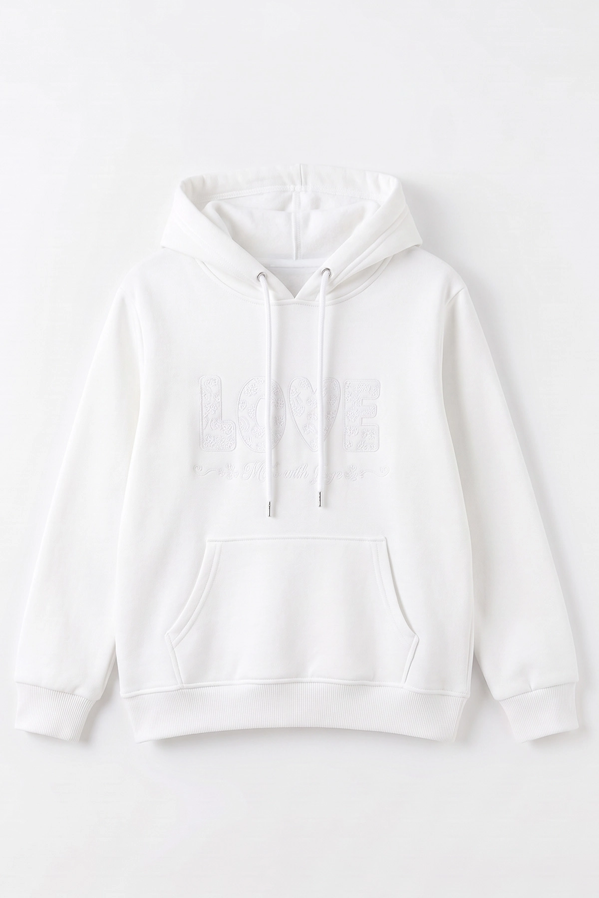 Beyaz (4-12 Yaş) Love Nakışlı Kapüşonlu 3 İp Şardonlu Kız Çocuk Sweatshirt 495034