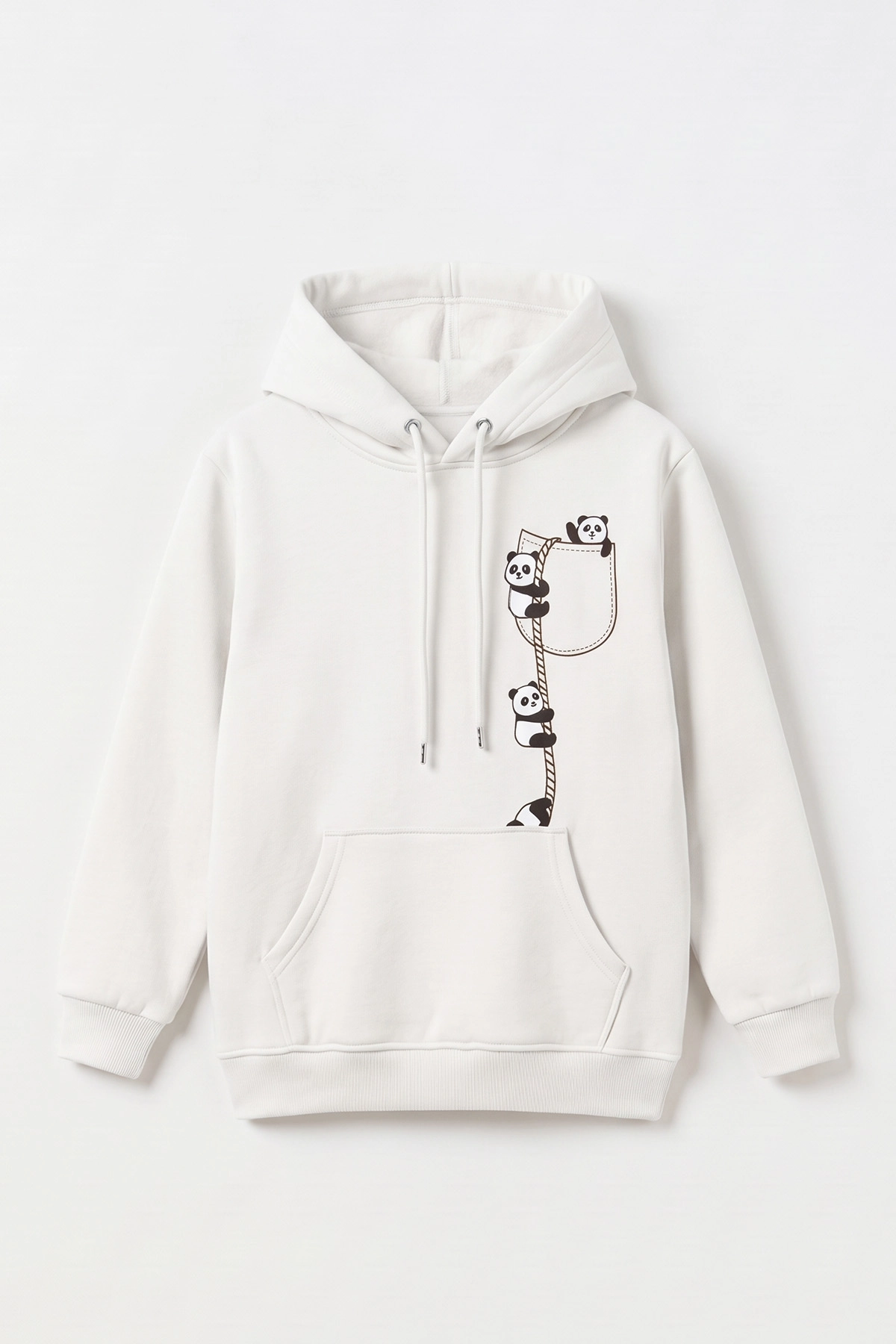 Beyaz (4-12 Yaş) Panda Baskılı Kapüşonlu ve Kanguru Cepli 3 İp Şardonlu  Kız Çocuk Sweatshirt 497536
