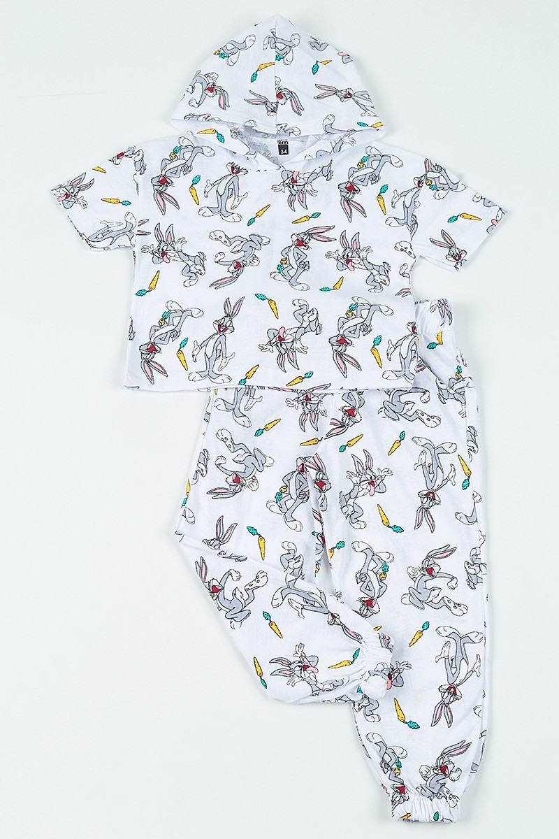 Beyaz (3-8 yaş) Kapüşonlu Bugs Bunny  Baskılı Kız Çocuk Pijama Takımı 108798