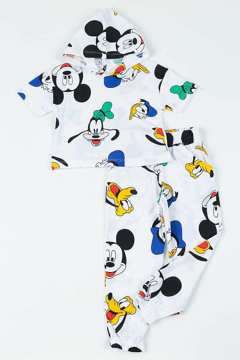 Beyaz (3-8 yaş) Kapüşonlu Miki Mouse  Baskılı Kız Çocuk Pijama Takımı 108800