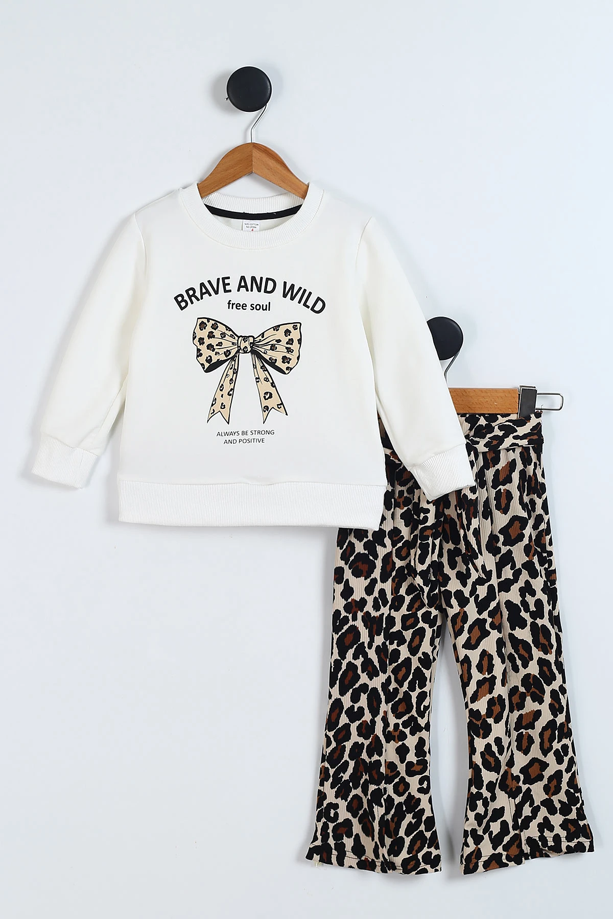 Beyaz (4-8 Yaş) Leopar Pantolonlu Fiyonk Baskılı  Kız Çocuk Takım 341737
