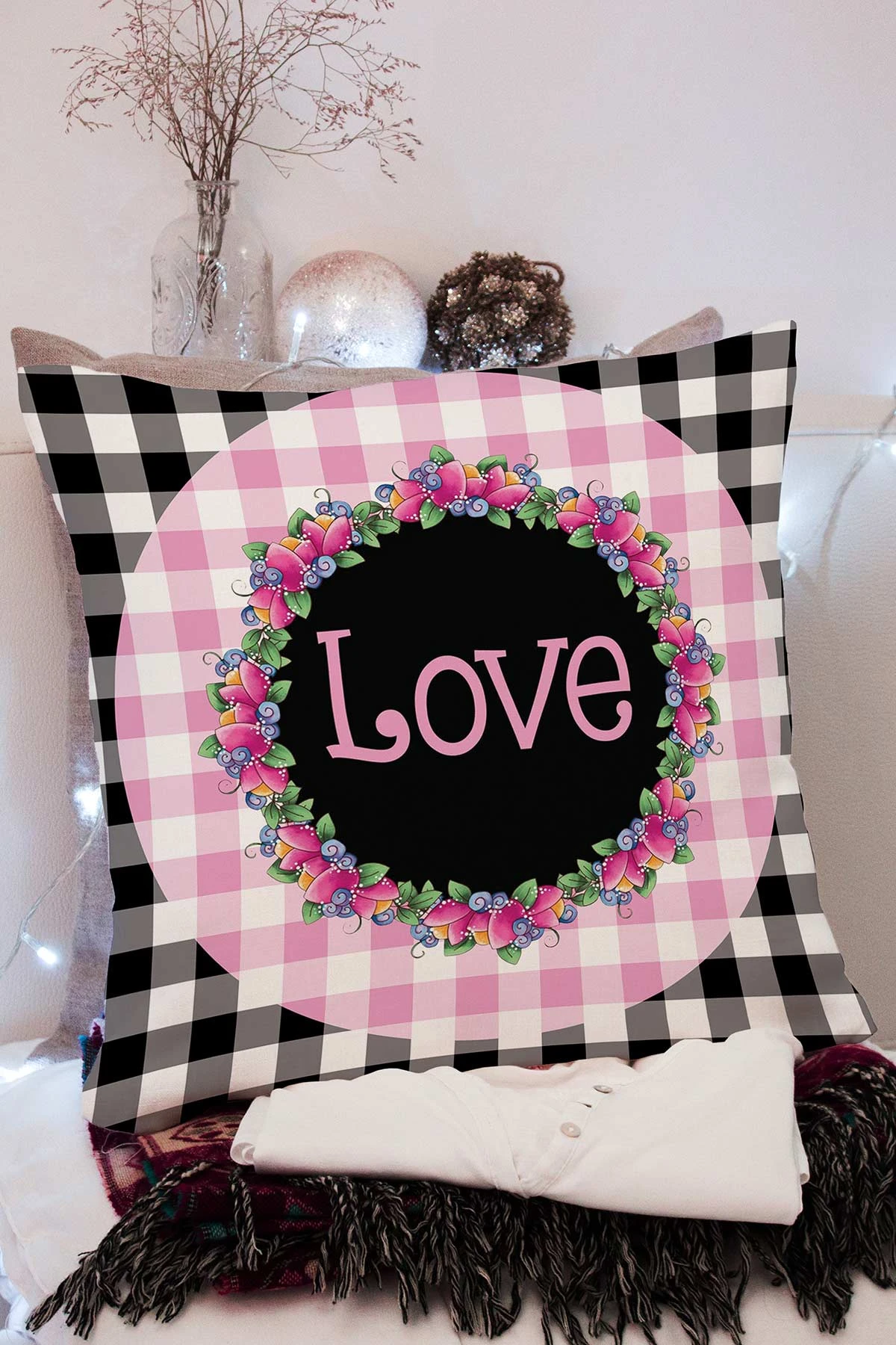 Pembe 43x43 Dijital Baskılı Fermuarlı Modern Kırlent Kılıfı 272780