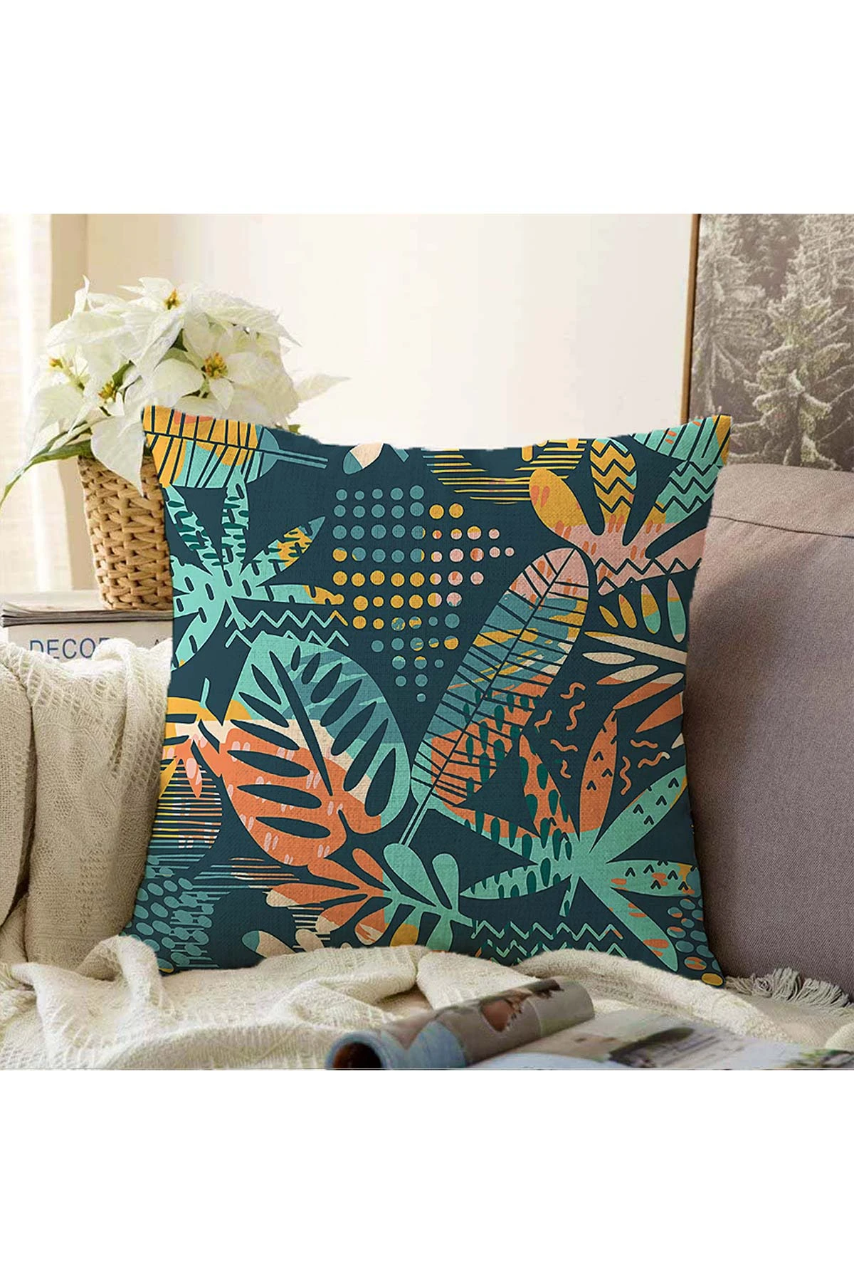 İndigo 43x43 Dijital Baskılı Fermuarlı Modern Kırlent Kılıfı 272907