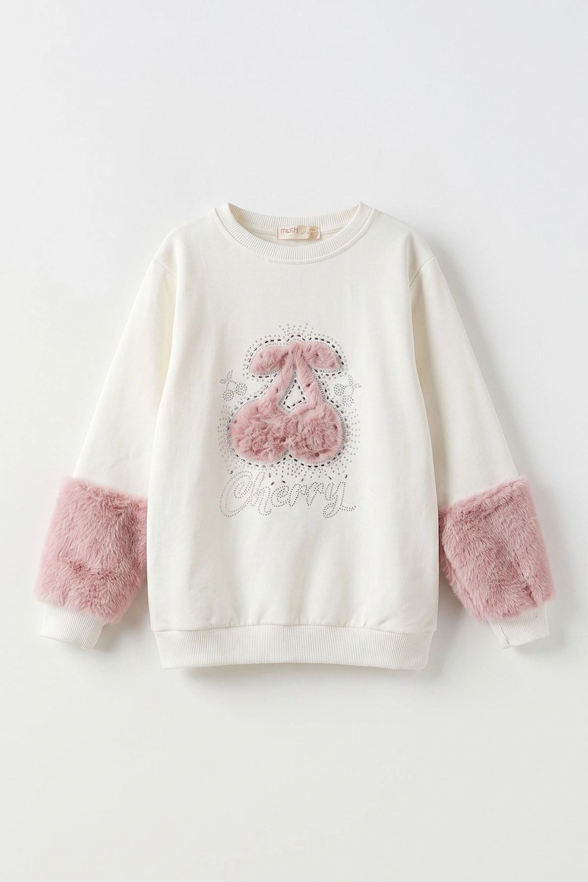 Beyaz (5-13 Yaş) Kiraz Nakışlı Taşlı  İçi Şardonlu Kız Çocuk Sweatshirt 483263
