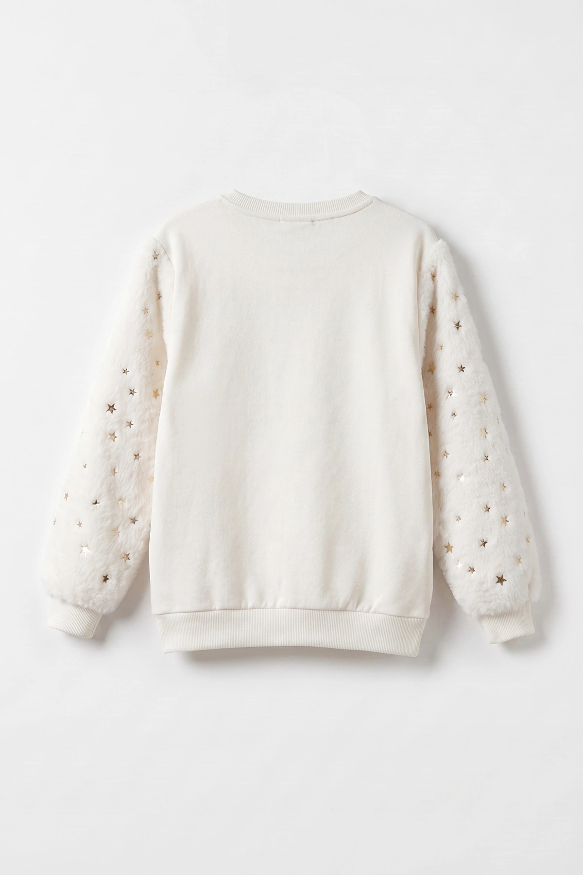Beyaz (5-13 Yaş) Kolu Yıldız Baskılı ve Peluşlu İçi Şardonlu Kız Çocuk Sweatshirt 483260