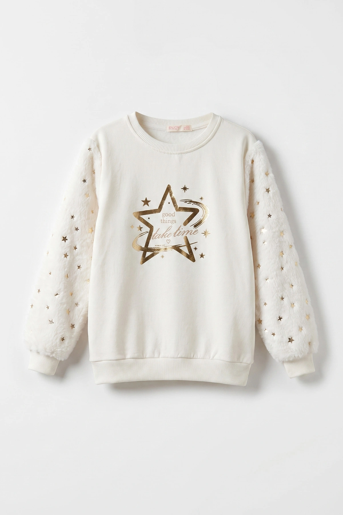 Beyaz (5-13 Yaş) Kolu Yıldız Baskılı ve Peluşlu İçi Şardonlu Kız Çocuk Sweatshirt 483260