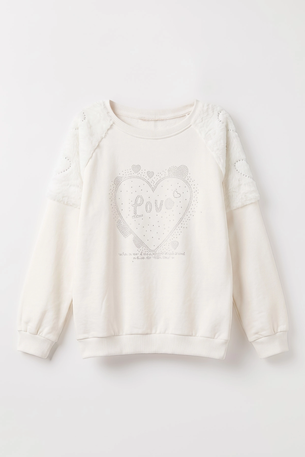 Beyaz (5-13 Yaş) Love Taş Baskılı Peluşlu İçi Hafif Şardonlu Kız Çocuk Sweatshirt 489284