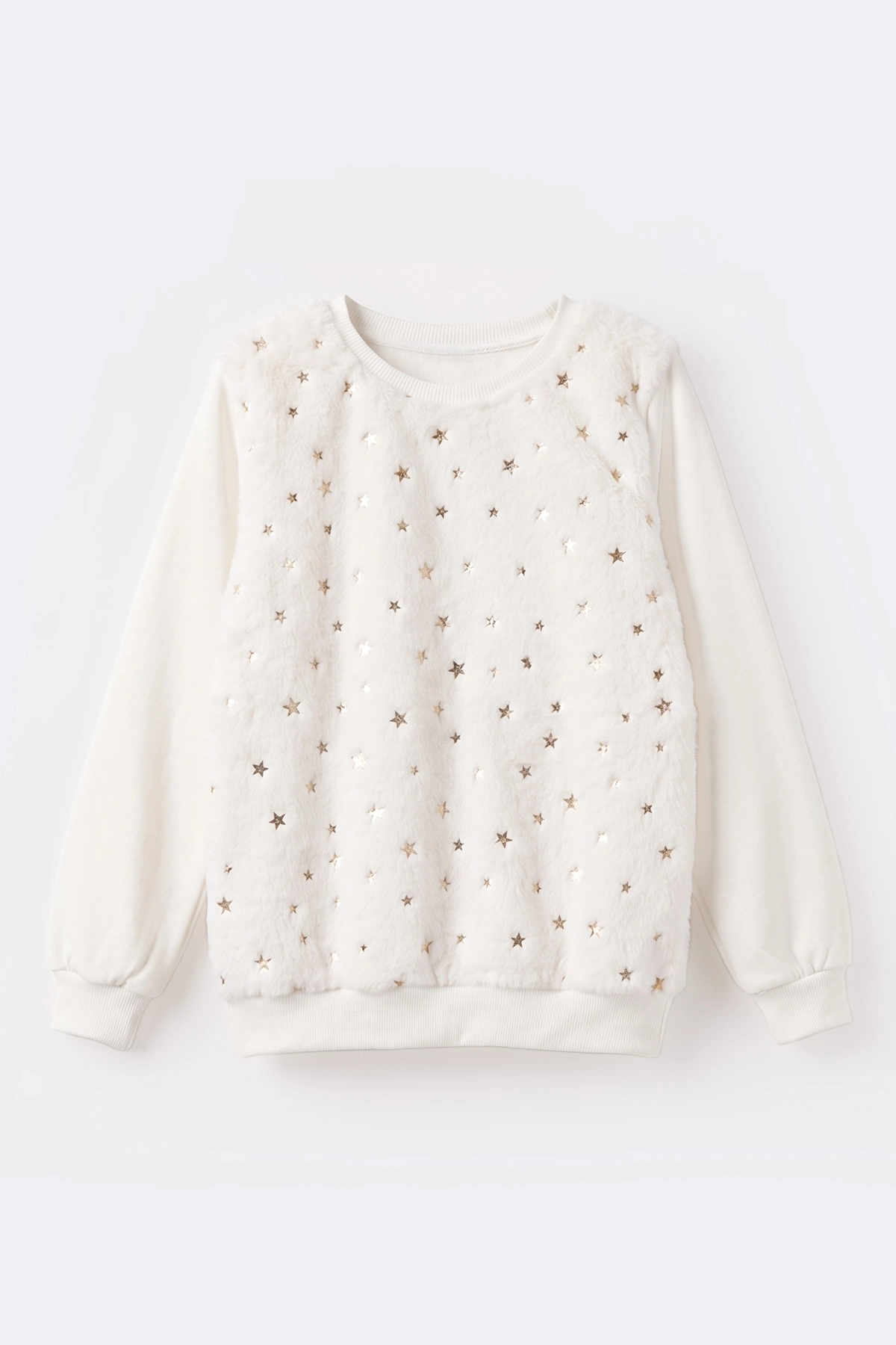 Beyaz (5-13 Yaş) Önü Yıldızlı Peluşlu İçi Hafif Şardonlu Kız Çocuk Sweatshirt 489288