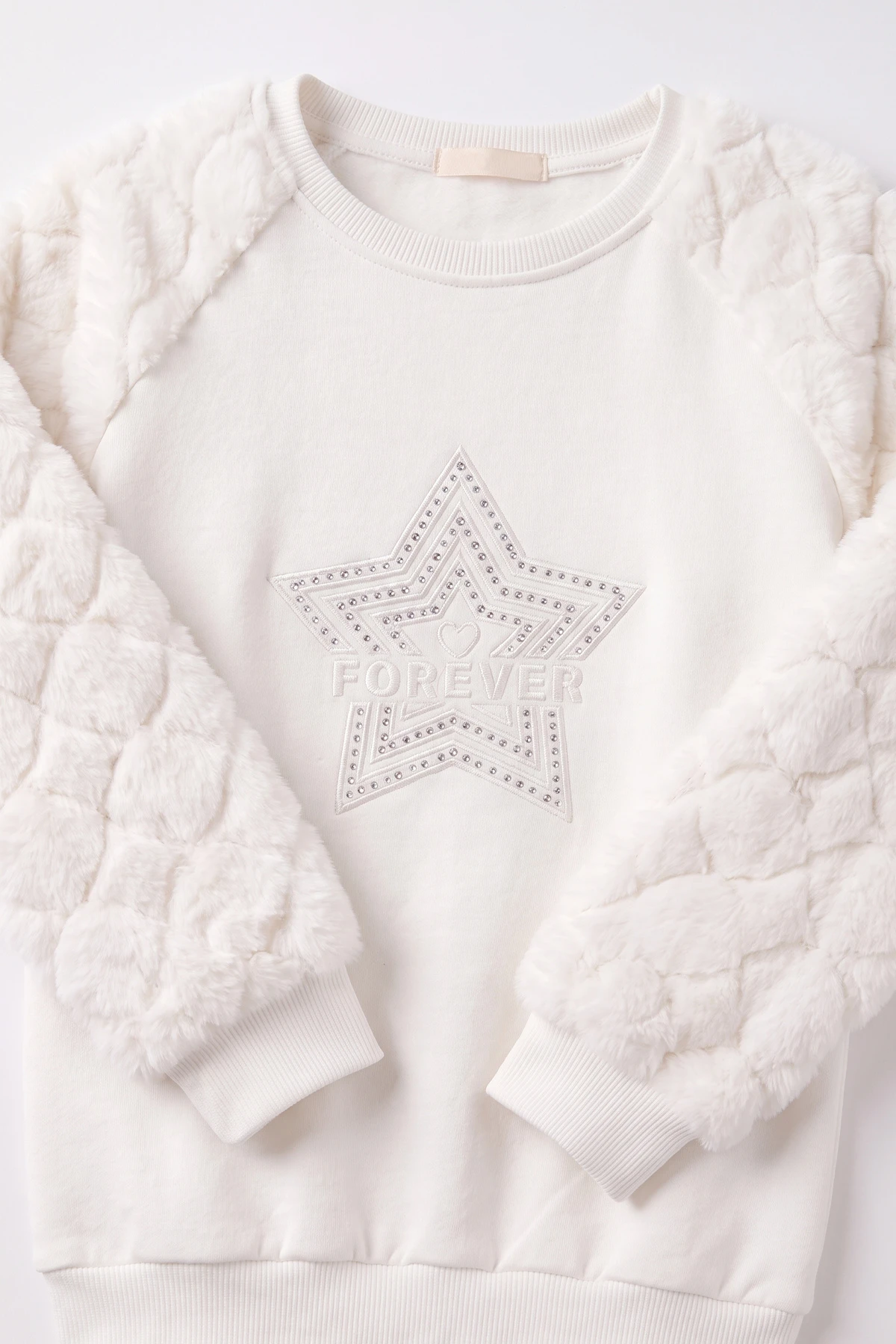 Beyaz (5-13 Yaş) Yıldız Baskılı Kolları Peluşlu İçi  Hafif Pamuklu Kız Çocuk Sweatshirt 489293
