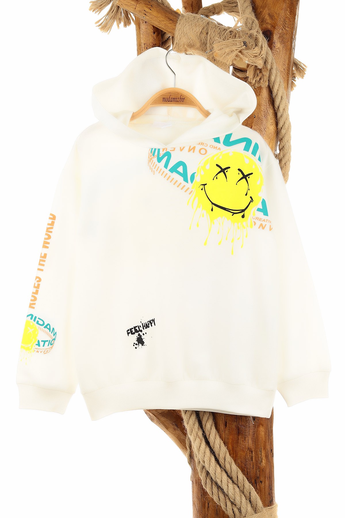 Beyaz (5-8 Yaş) Feel Happy Baskılı Kapüşonlu  Mevsimlik Erkek Çocuk Sweat 157160