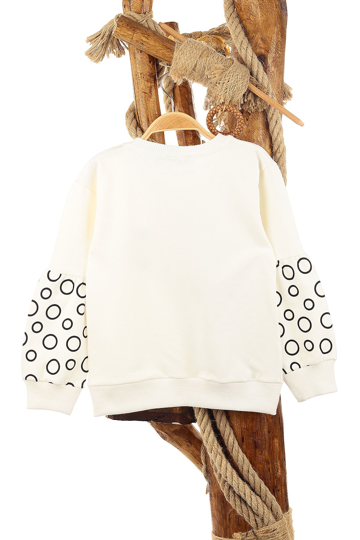 Beyaz (5-8 Yaş) Kolu Halka Baskılı İki İp Şardonlu Kız Çocuk Sweat 151574