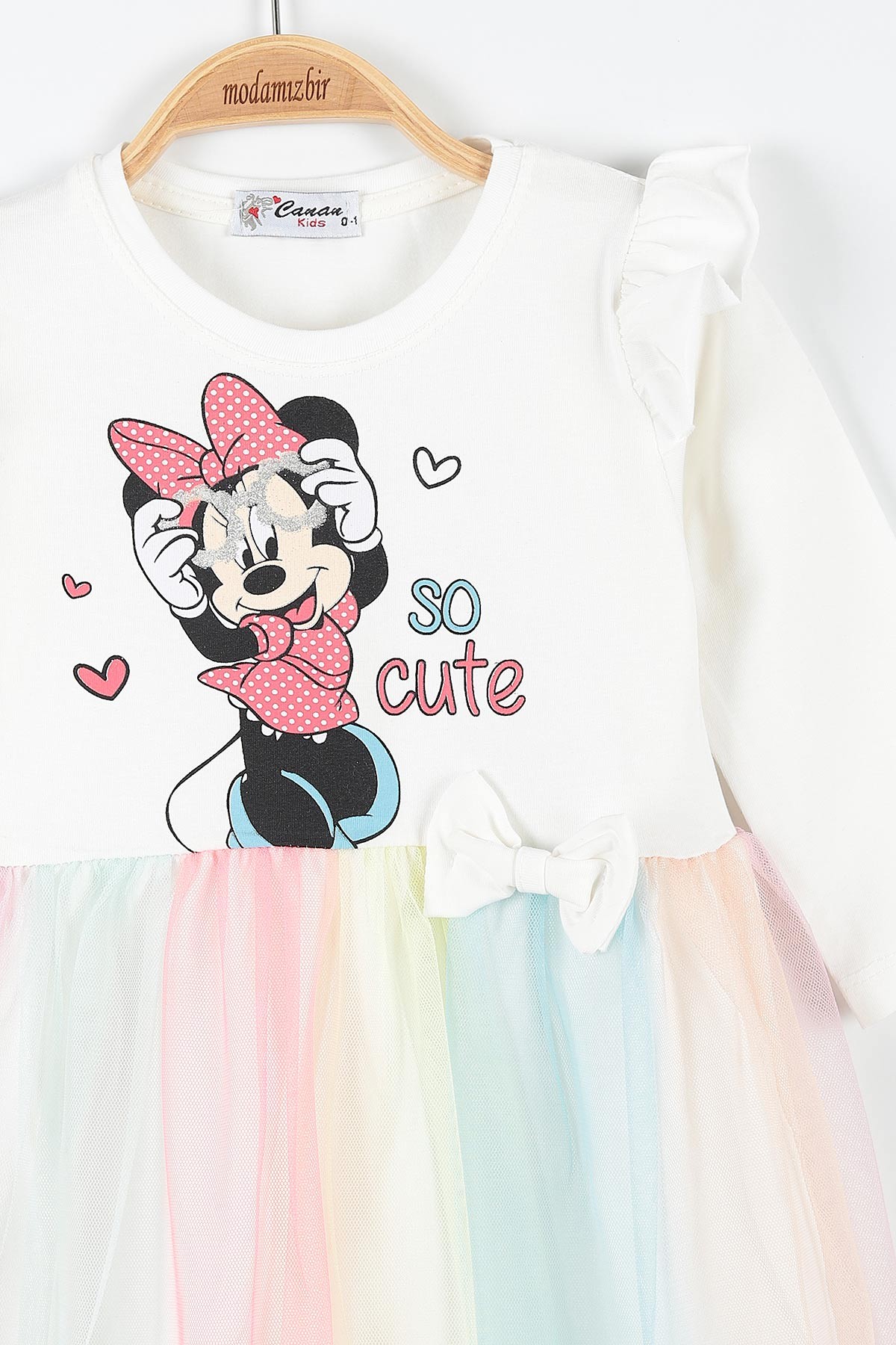 Beyaz (5-8 Yaş) Minnie Mouse Baskılı Kız Çocuk Elbise 174915