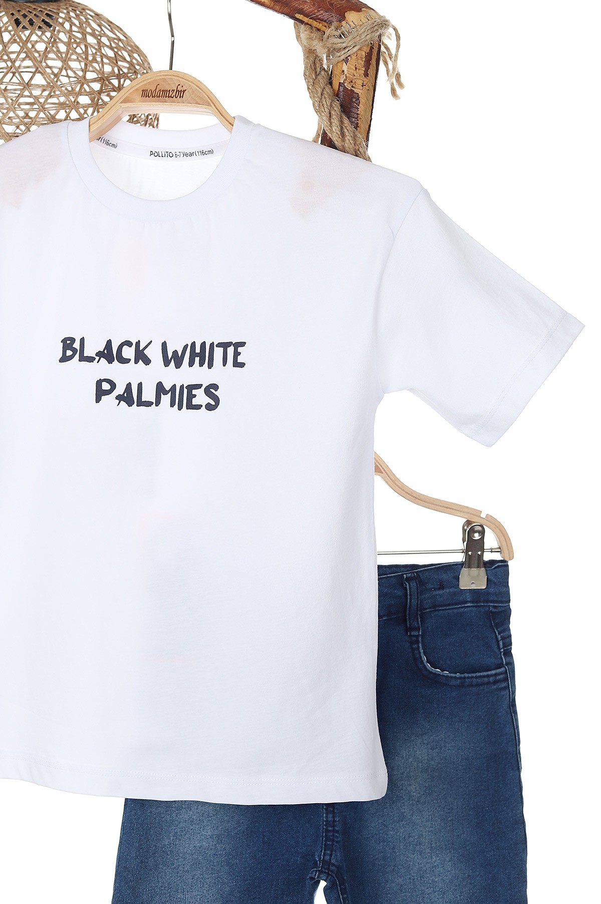 Beyaz (6-9 Yaş) Black Whıte Palmıes Baskılı Kot Şortlu Erkek Çocuk Takım 166299