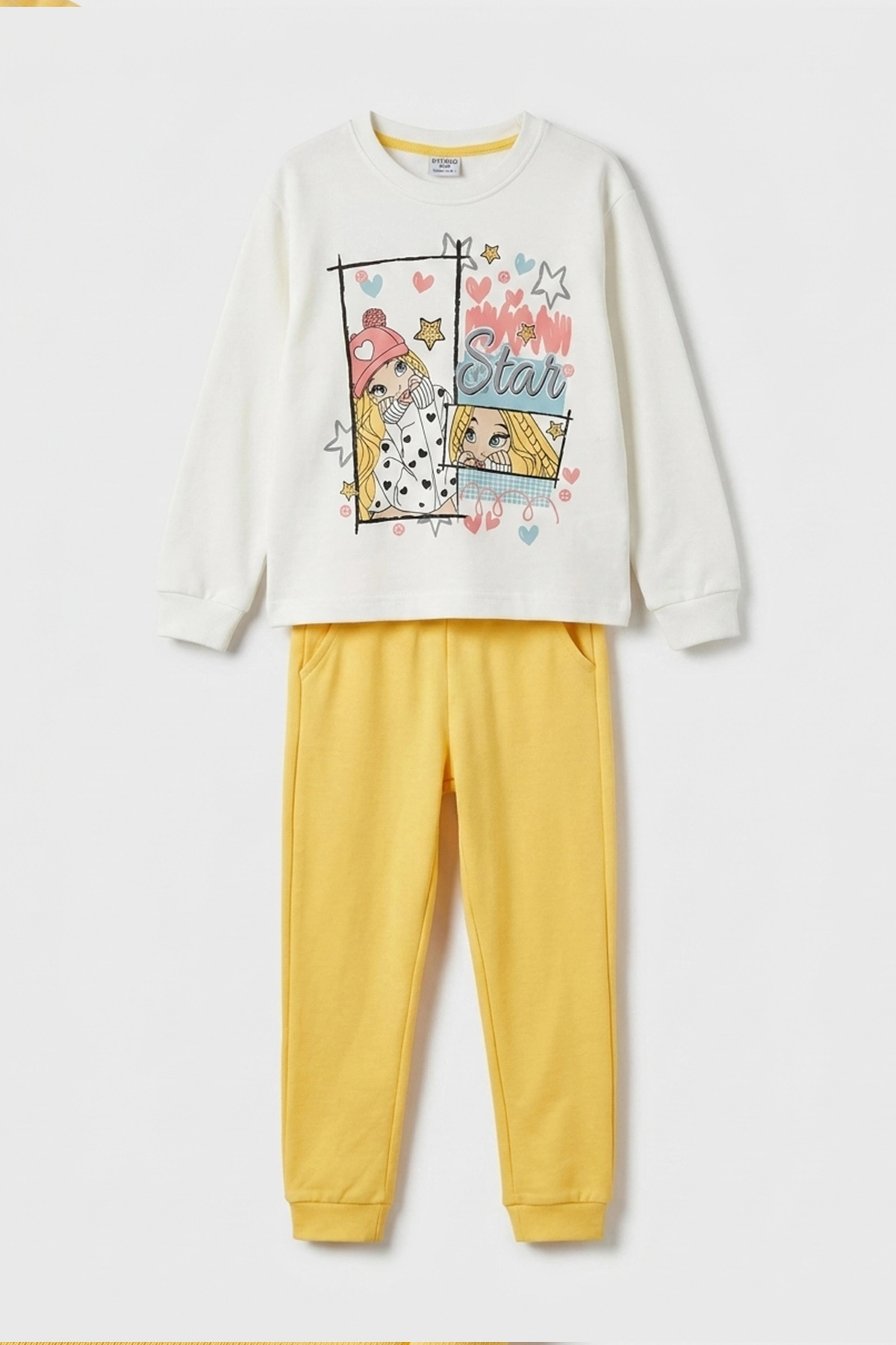 Beyaz (7-10 Yaş)Star Kız Baskılı  Kız Çocuk Pijama Takımı 477010