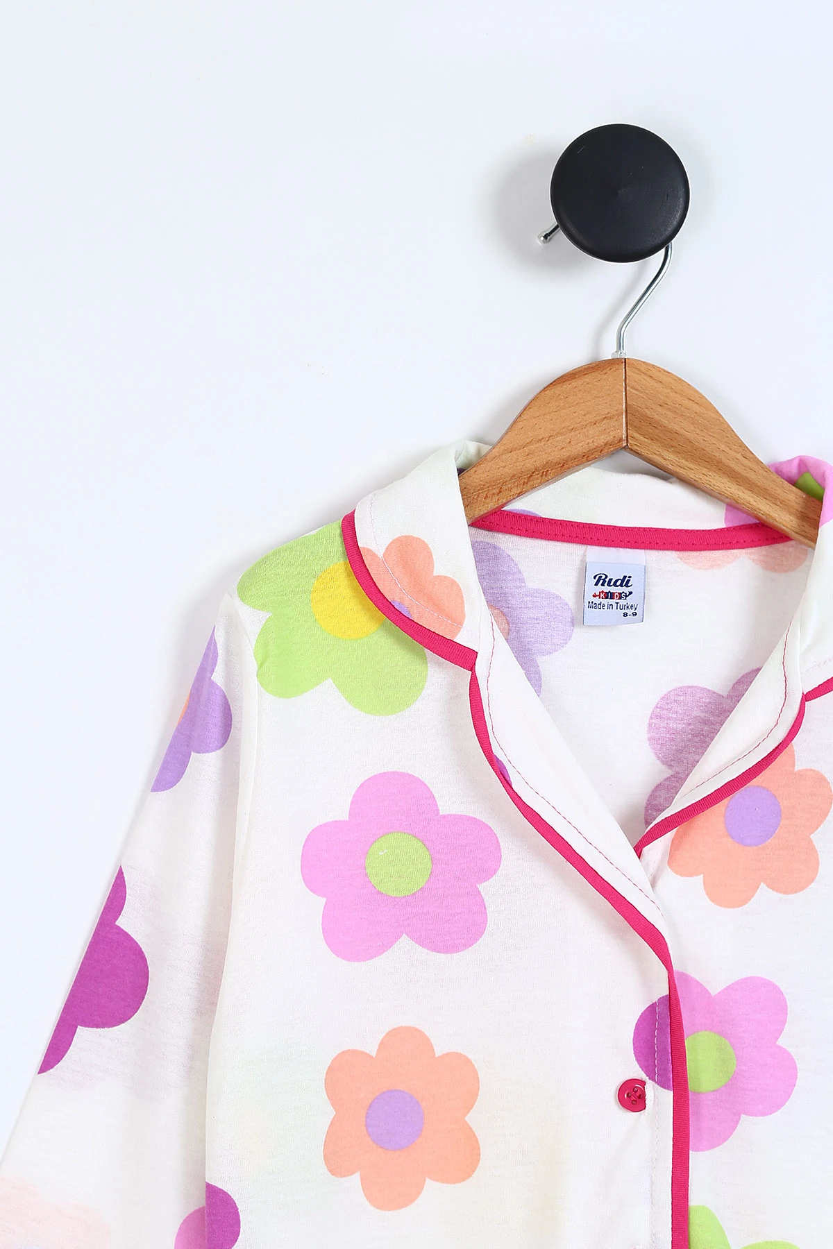Beyaz (8-12 Yaş) Çiçek Baskılı Ön Düğmeli Kız Çocuk Pijama Takım 337893