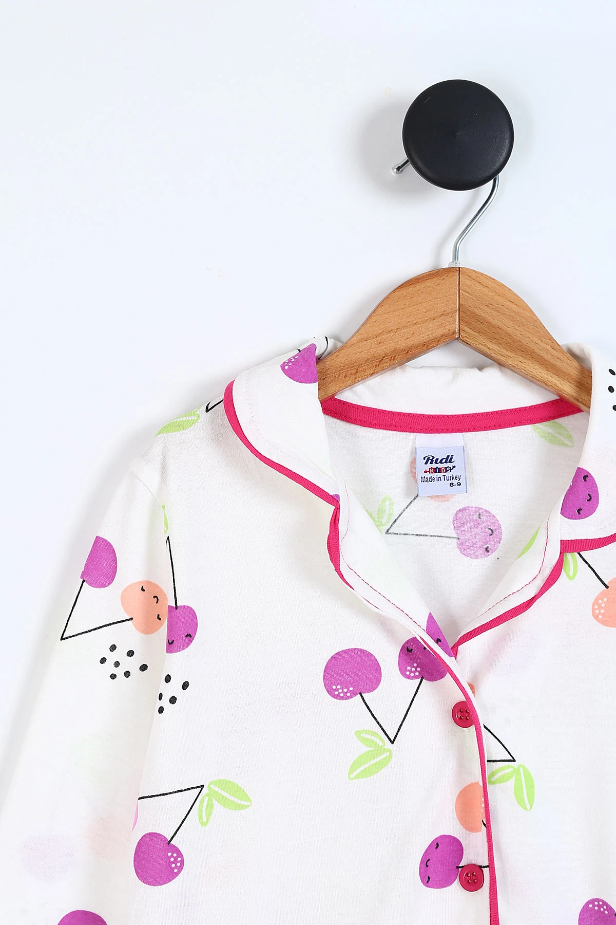 Beyaz (8-12 Yaş)Kiraz  Baskılı Ön Düğmeli Kız Çocuk Pijama Takım 337894