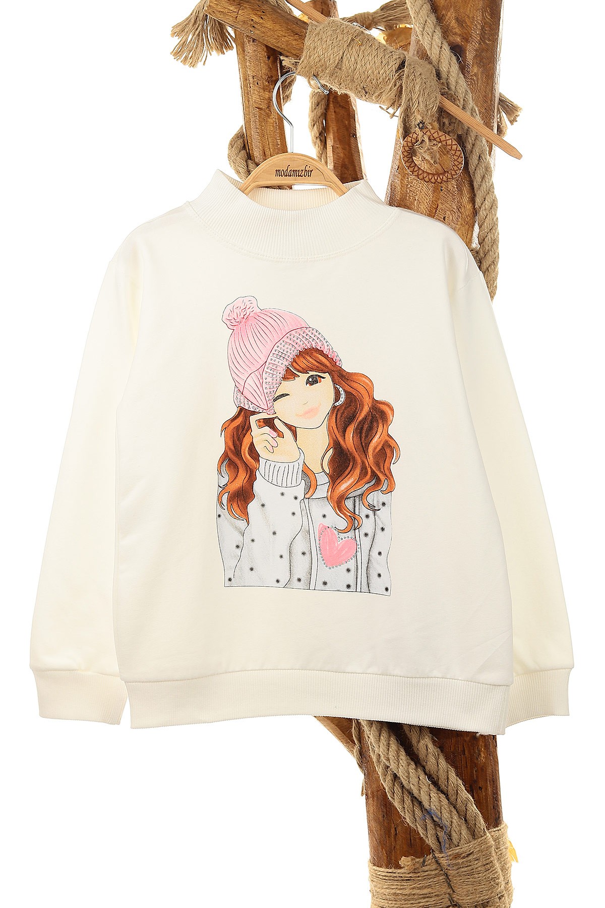 Beyaz (9-12 Yaş) Küpeli Kız Baskılı  İki İp Şardonlu Kız Çocuk Sweat 149078