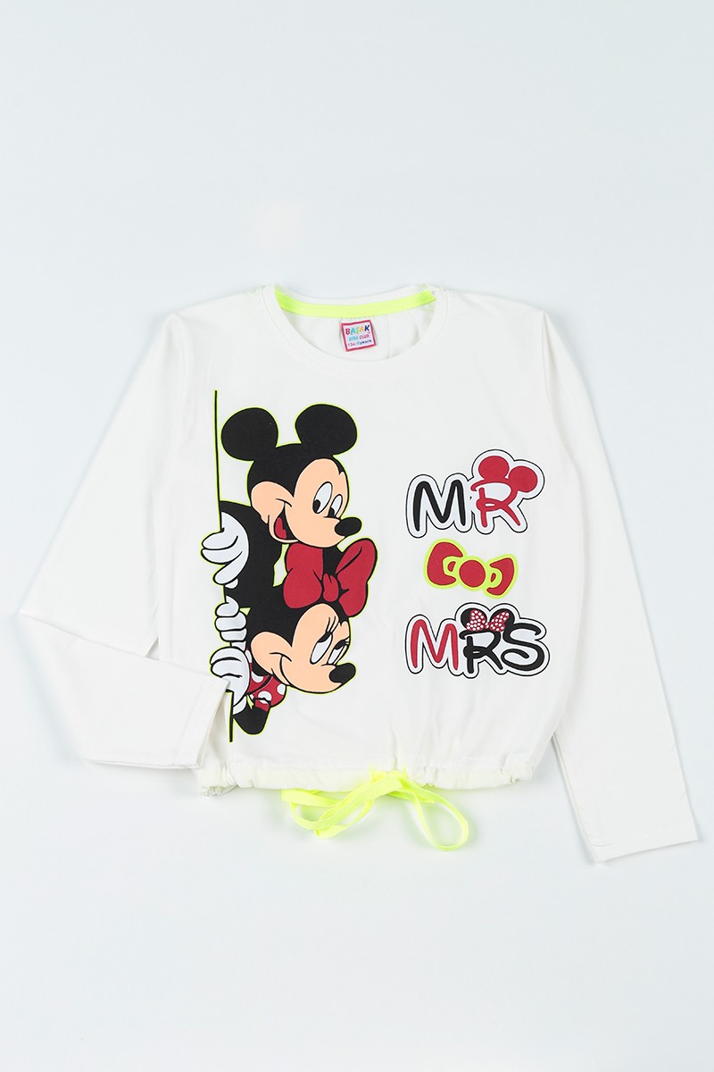 Beyaz (9-12 Yaş) Mickey Mouse Baskılı Belden Sıkmalı Kız Çocuk Sweatshirt 92786