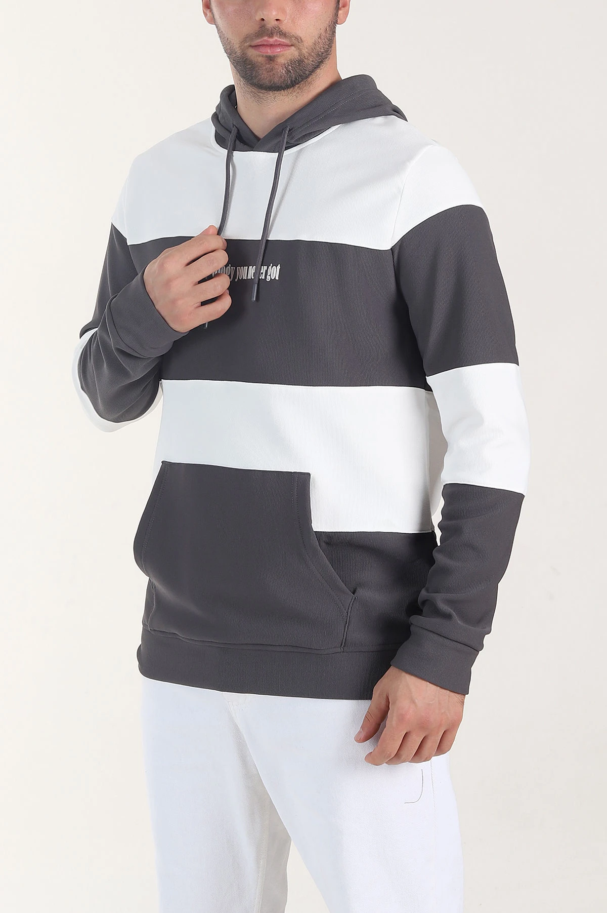 Beyaz Antrasit Cep Detaylı Yazılı Kapüşonlu Erkek Sweatshirt 408075