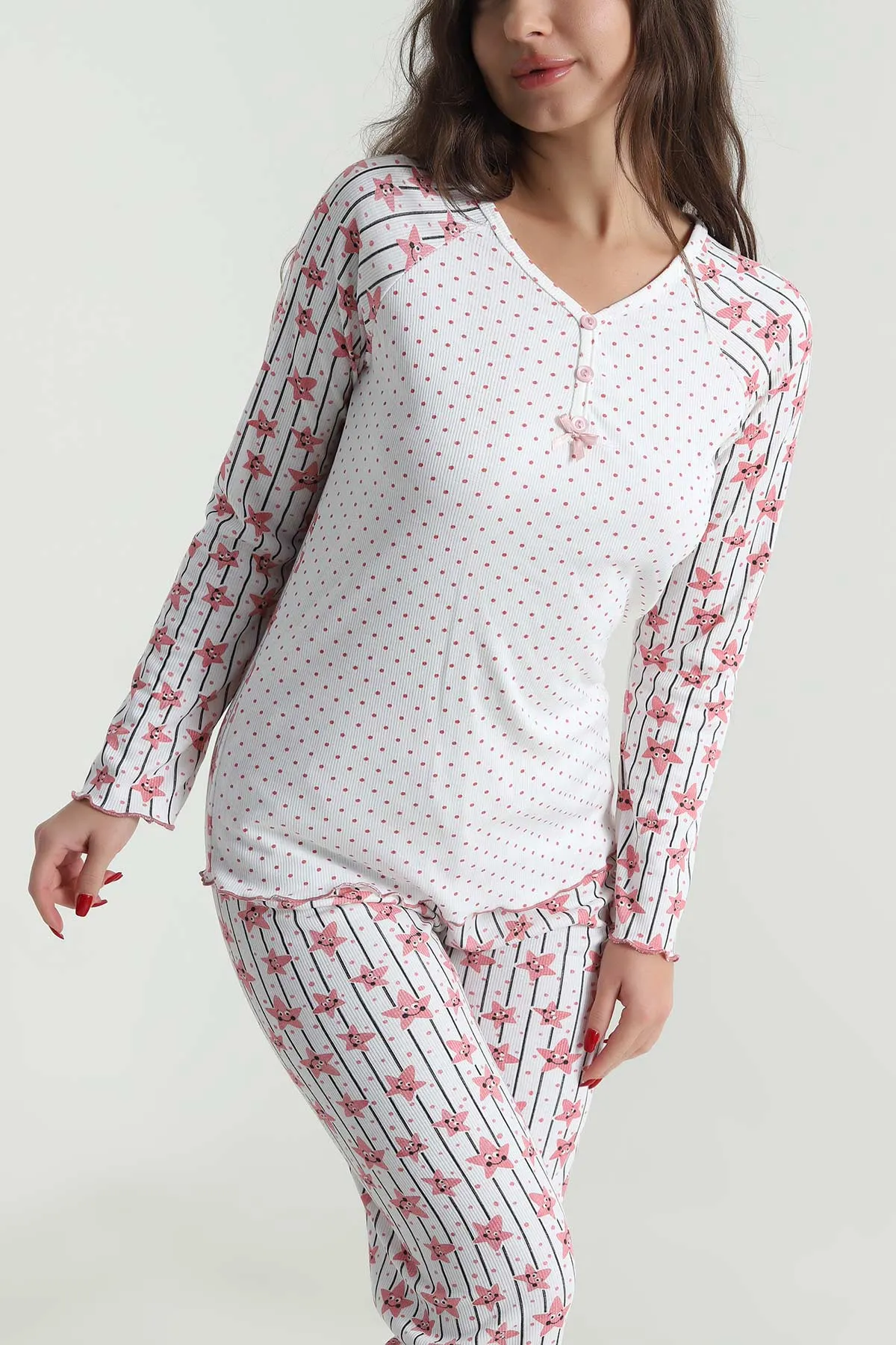 Beyaz Armut Yaka Fitilli Kadın Pijama Takımı 494678