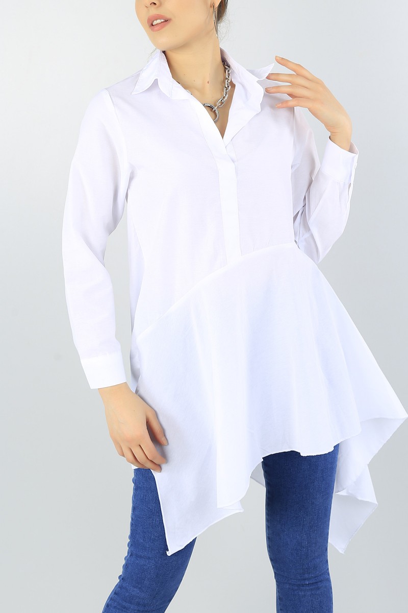 Beyaz Asimetrik Kesim Gömlek Tunik 53466