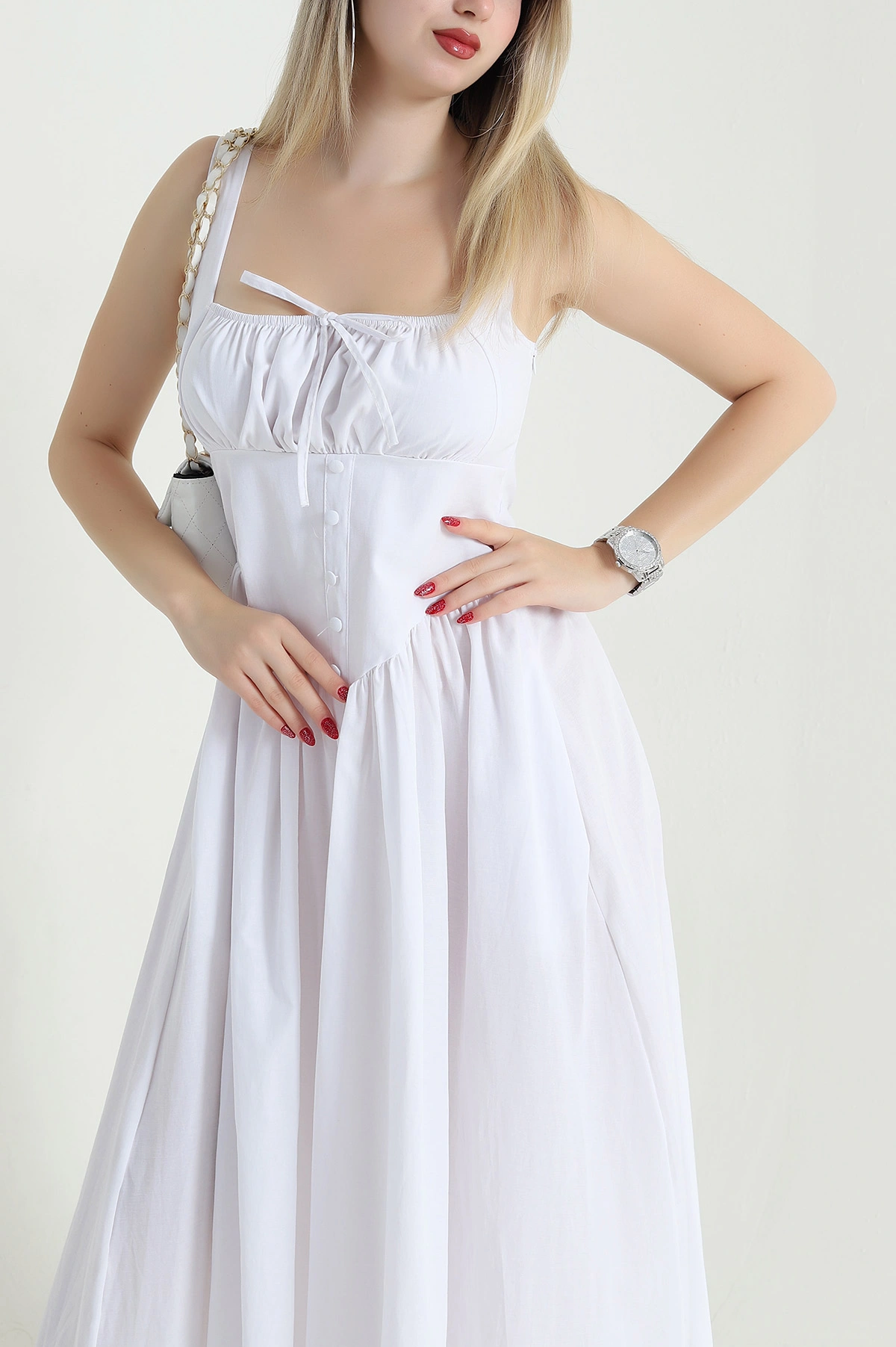 Beyaz Askılı Dokuma Kadın Korse Elbise 467955