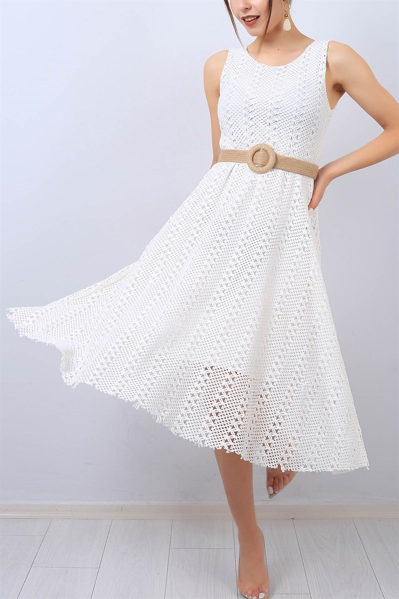 Beyaz Astarlı Bayan Dantel Elbise 14084B