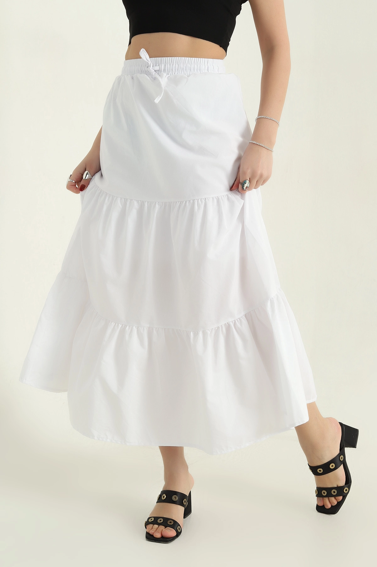 Beyaz Astarlı Beli Lastikli Poplin Etek 336903