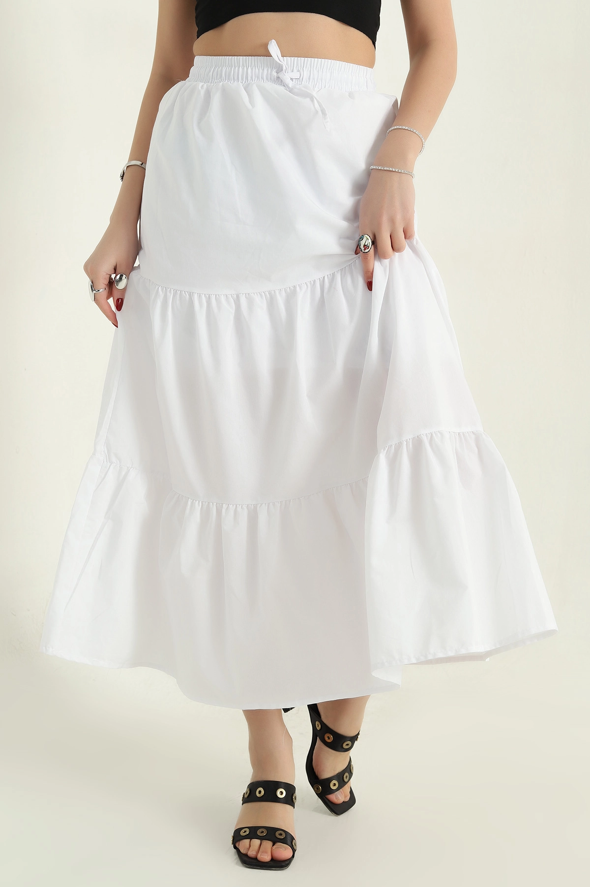 Beyaz Astarlı Beli Lastikli Poplin Etek 336903
