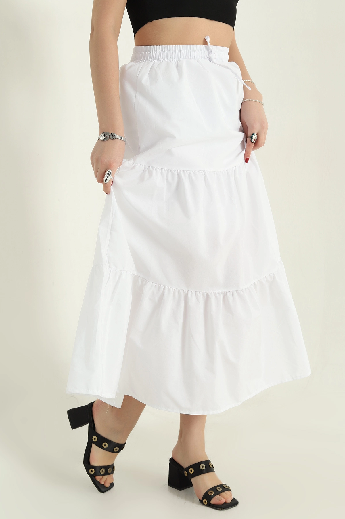 Beyaz Astarlı Beli Lastikli Poplin Etek 336903