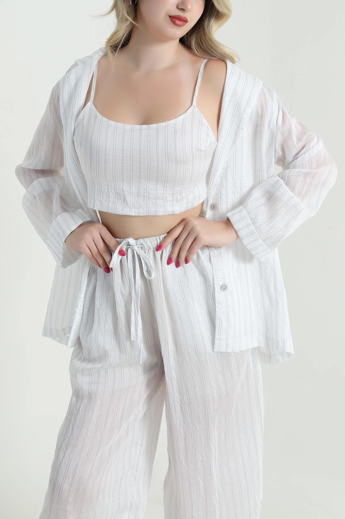 Beyaz Astarlı Çizgili Tencel Kadın Üçlü Takım 462738