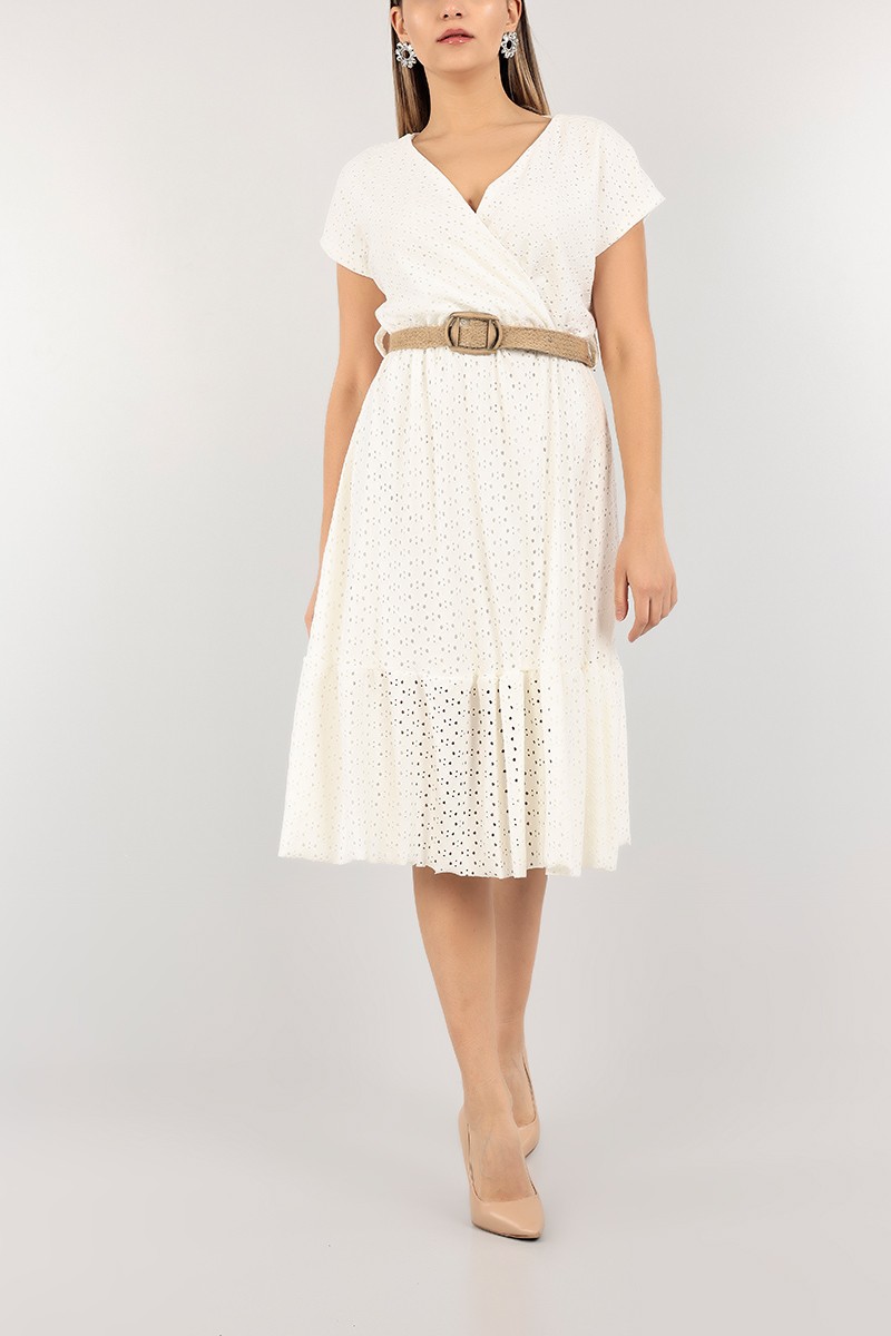 Beyaz Astarlı Fisto Tasarım Kemerli Elbise 104350