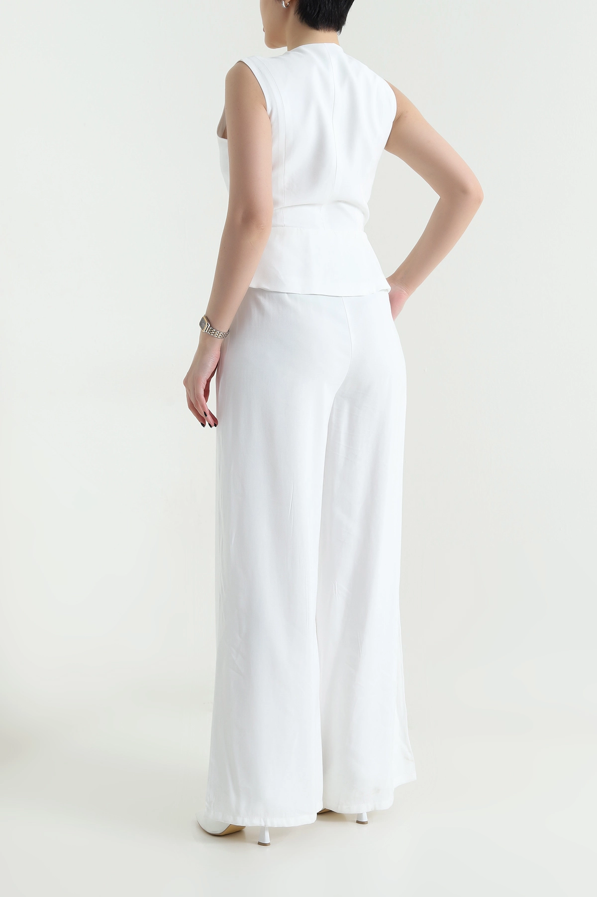 Beyaz Astarlı Kolsuz İthal Gabardin Kadın Tulum Elbise 454304