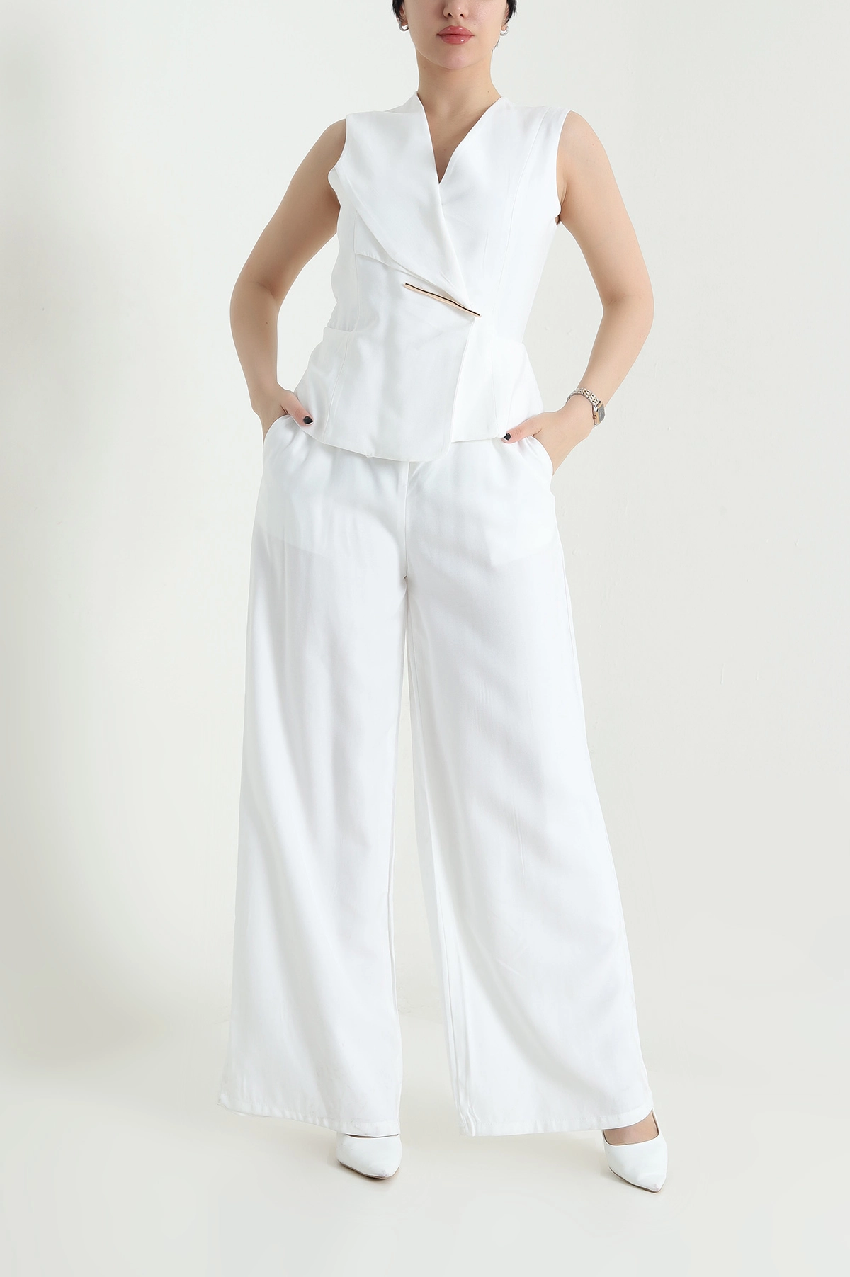 Beyaz Astarlı Kolsuz İthal Gabardin Kadın Tulum Elbise 454304
