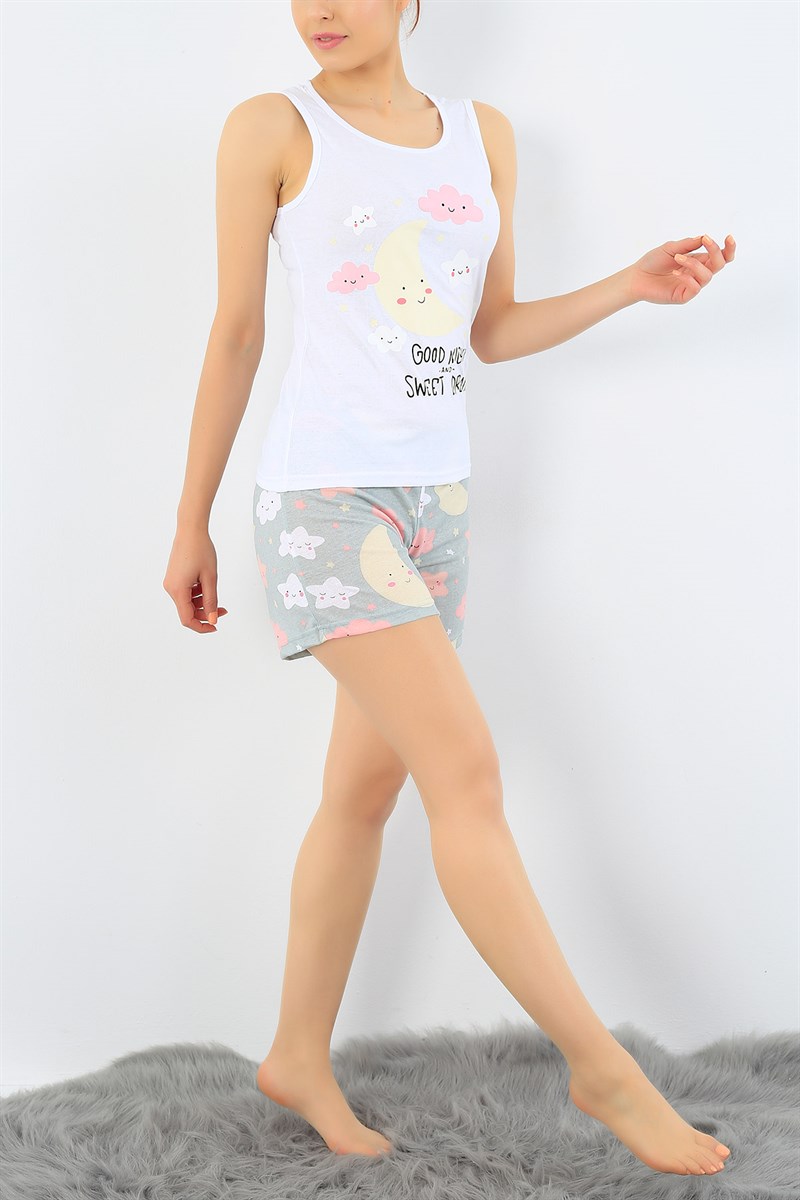 Beyaz Ay Baskılı Bayan Pijama Takımı 32696