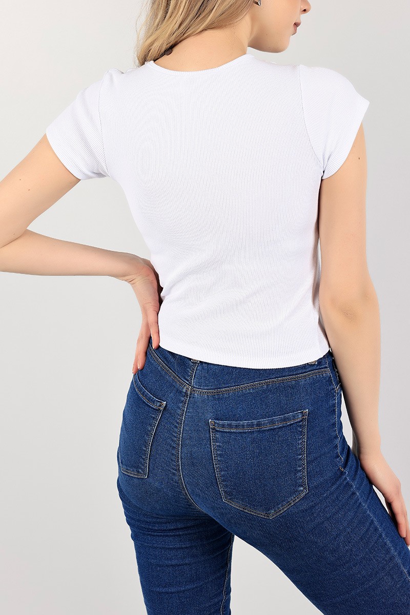 Beyaz Bağcık Tasarımlı Baskılı Crop 105133