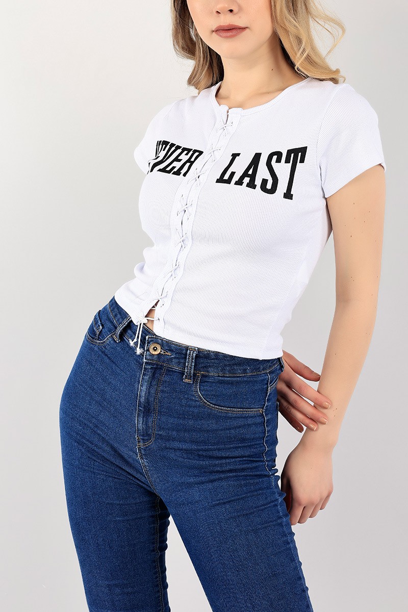Beyaz Bağcık Tasarımlı Baskılı Crop 105133