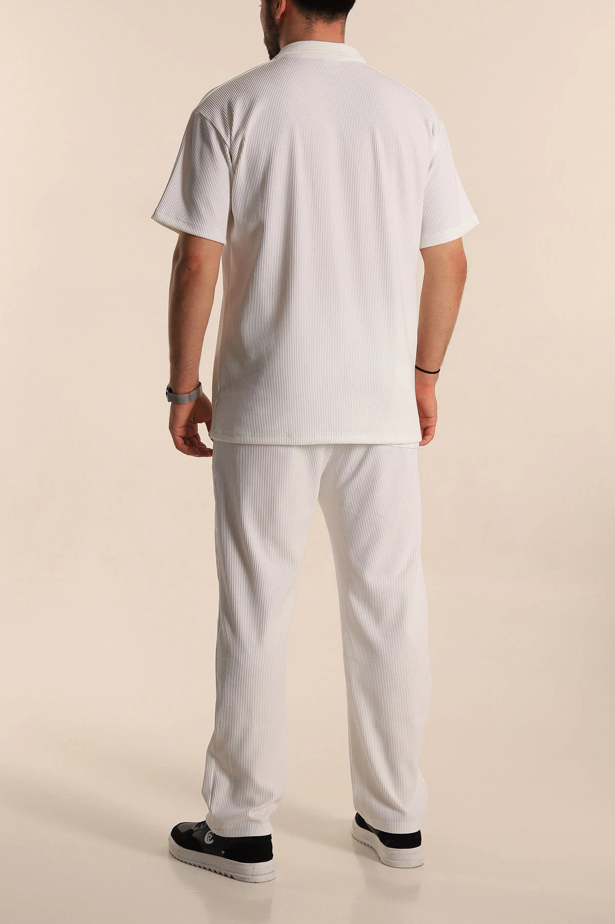 Beyaz Baggy Jakarlı Polo Yaka Tişörtlü Eşofman Takımı 269187