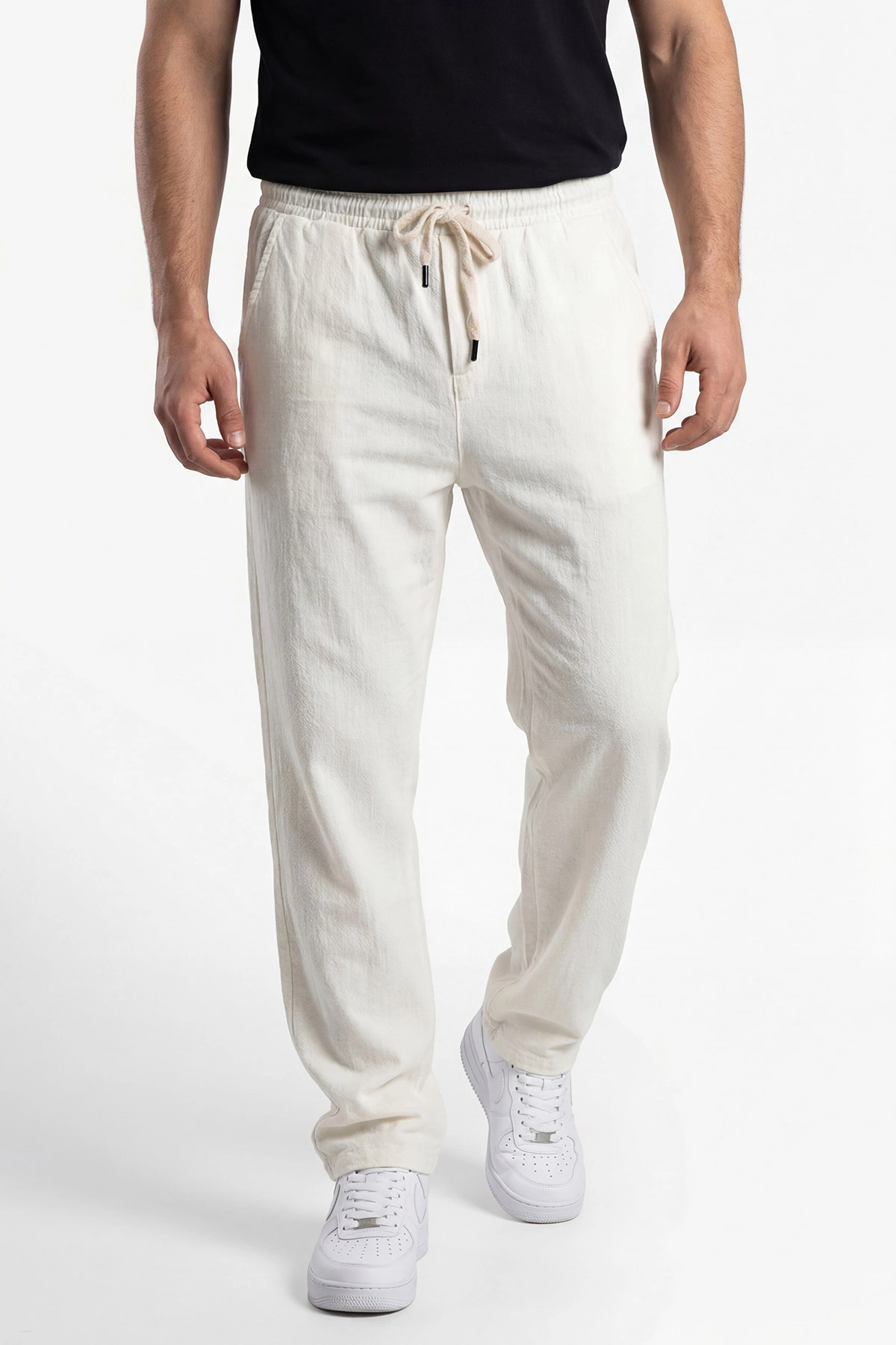 Beyaz Baggy Yıkamalı Belden Bağlamalı Erkek Pantolon 450173
