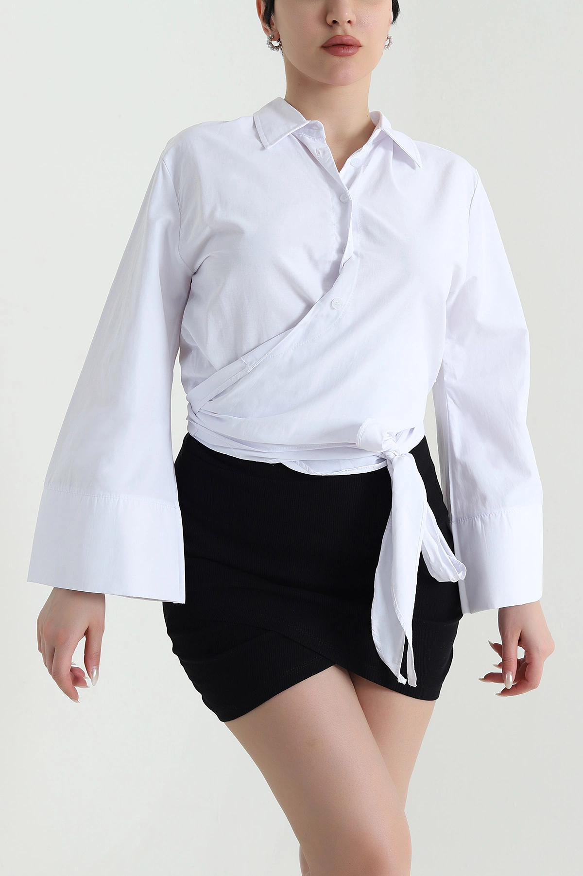 Beyaz Bağlamalı Poplin Kadın Crop Gömlek 449431