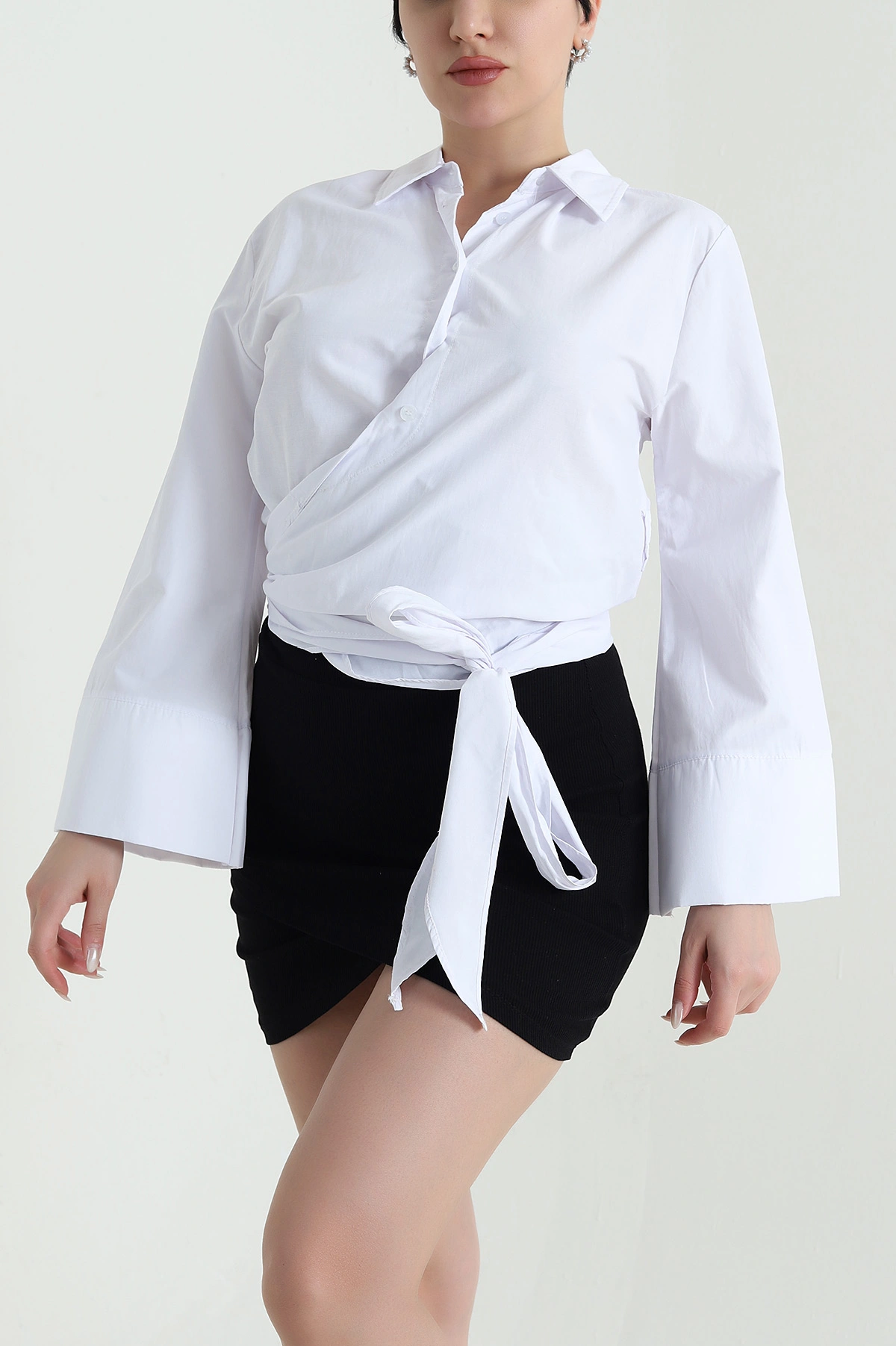 Beyaz Bağlamalı Poplin Kadın Crop Gömlek 449431