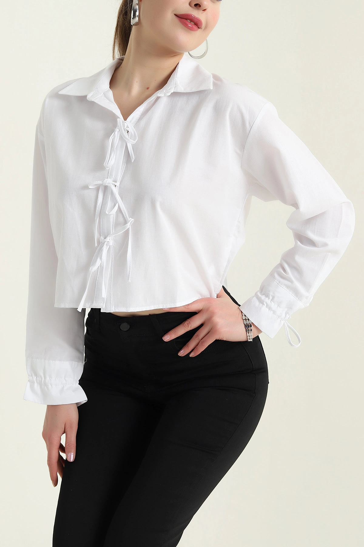 Beyaz Bağlamalı Poplin Kadın Gömlek 432565