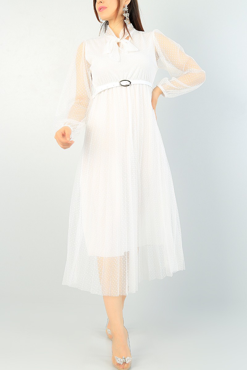 Beyaz Bağlamalı Yaka Tül Elbise 66073