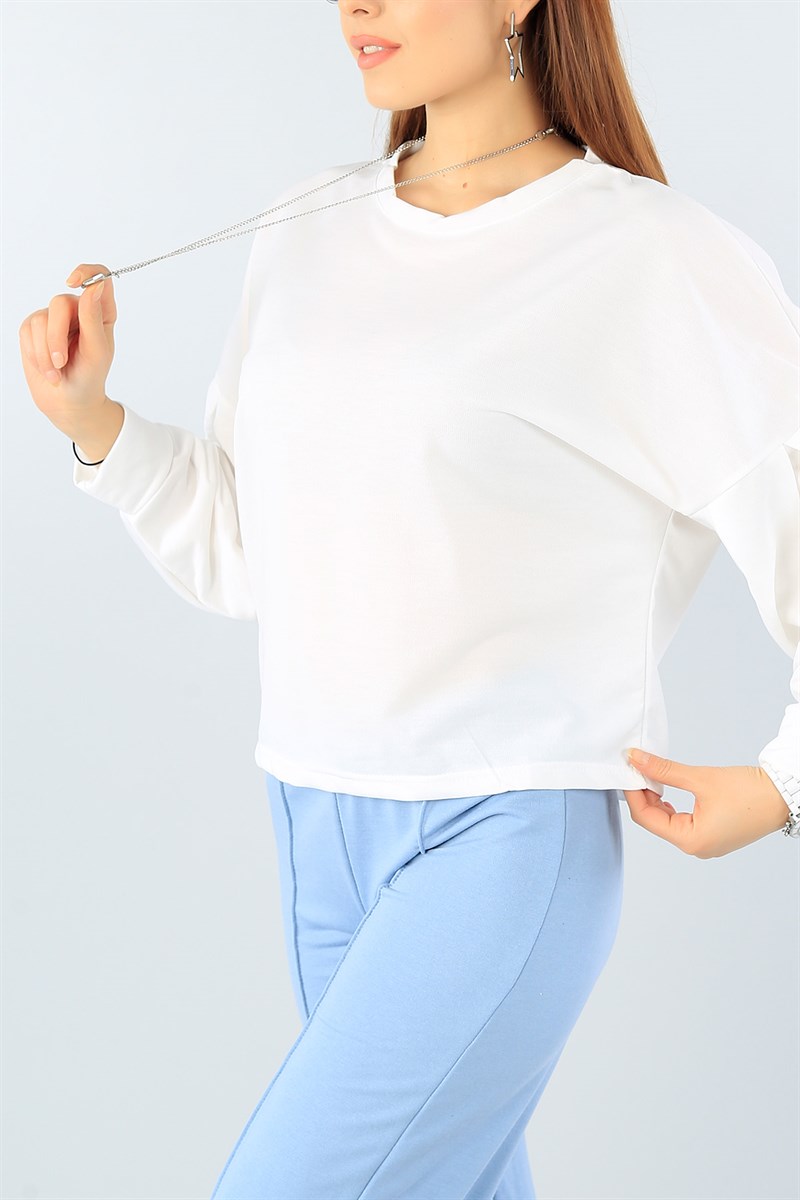 Beyaz Balon Kol Likralı Bayan Sweat 45734