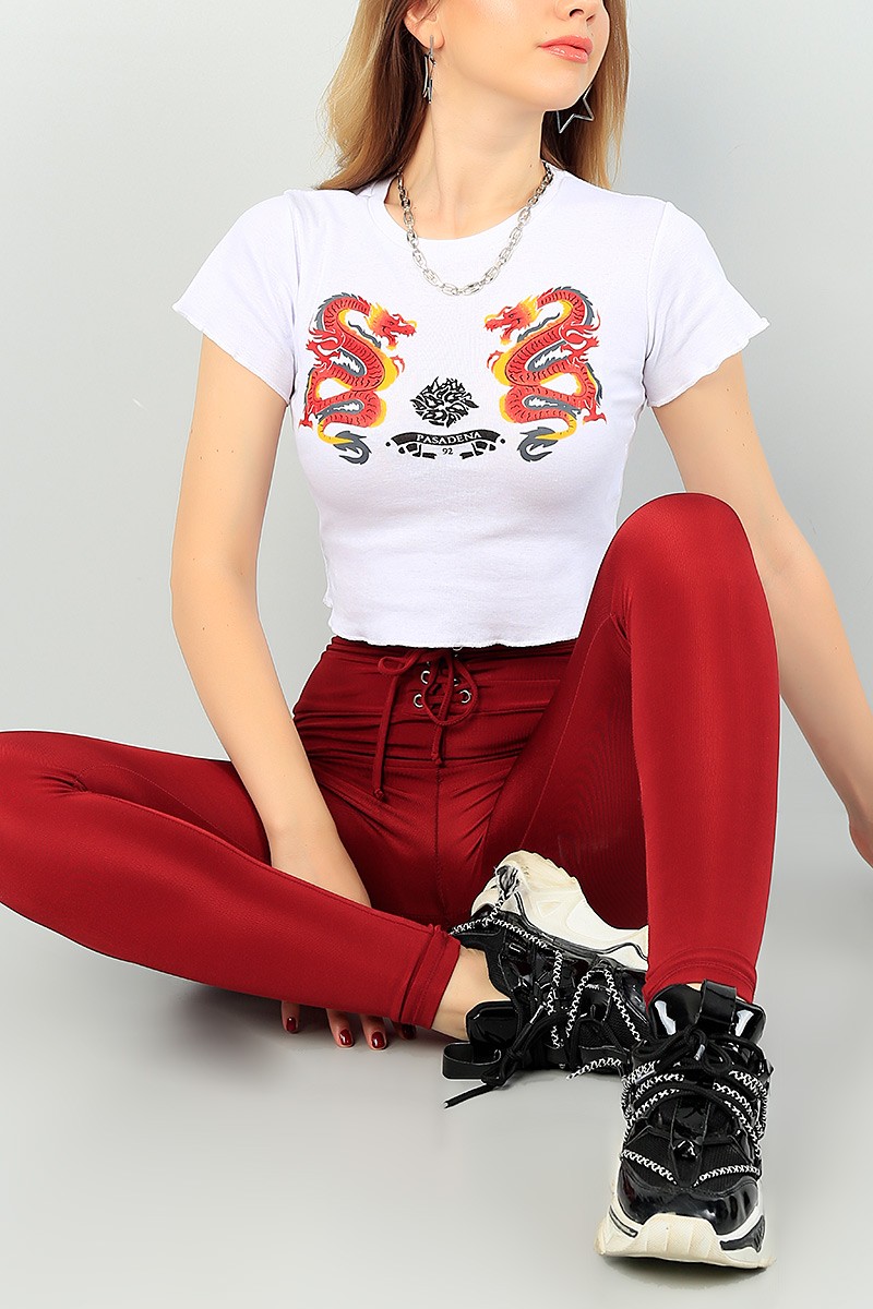 Beyaz Baskılı Bayan Crop Tişört 68754