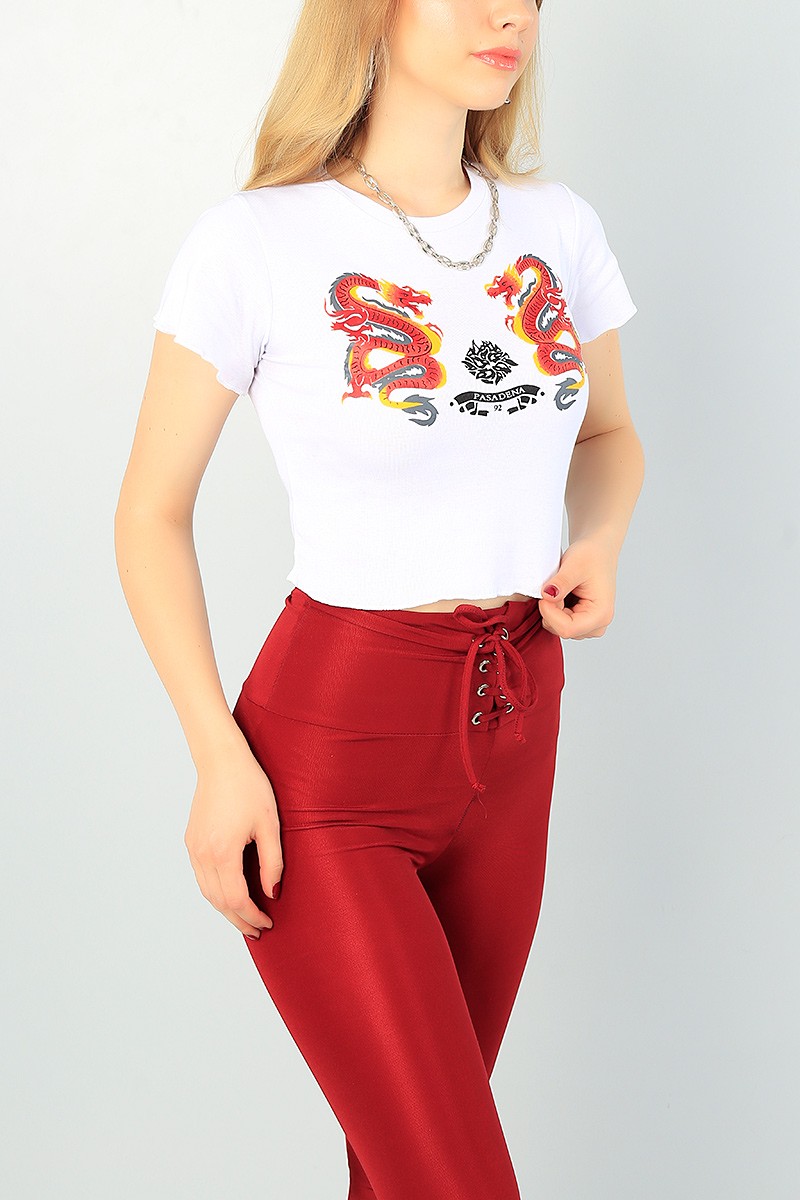 Beyaz Baskılı Bayan Crop Tişört 68754