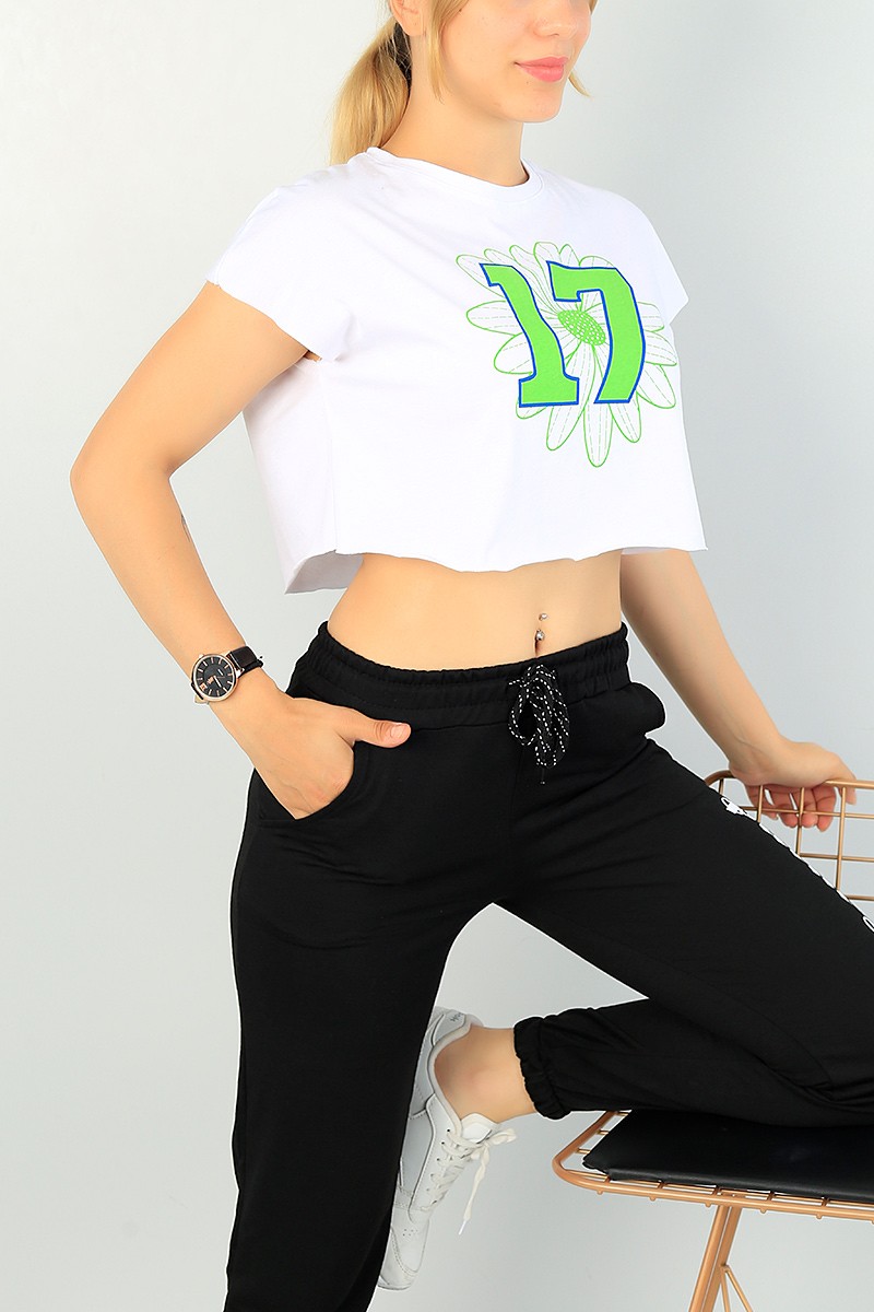 Beyaz Baskılı Bayan Crop Tişört 69349