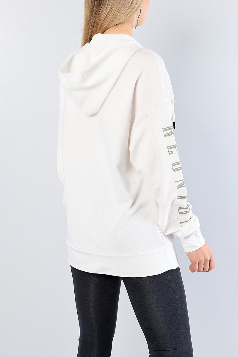 Beyaz Baskılı Bayan Kapüşonlu Sweat 81213